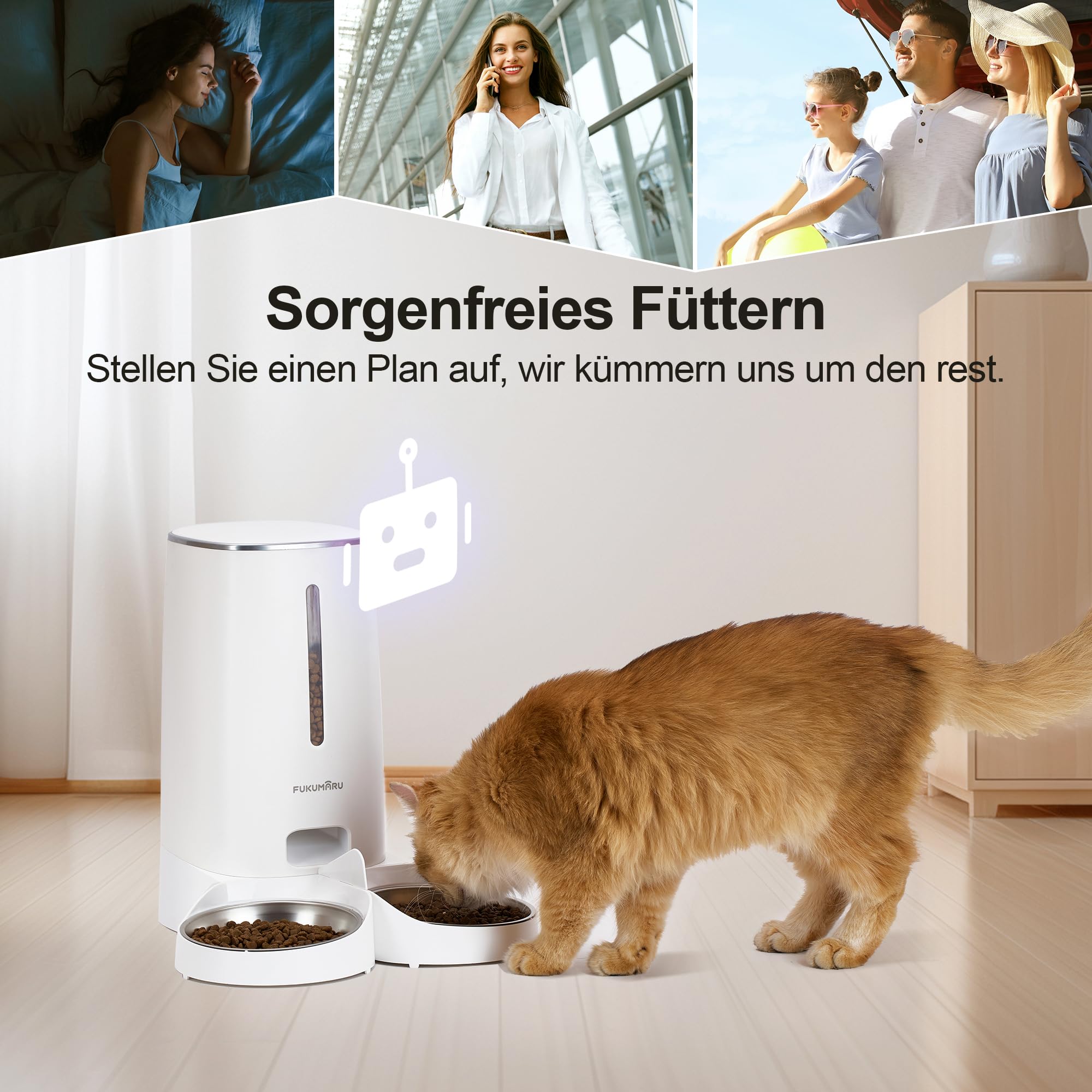 FUKUMARU Futterautomat Katze, 4L Katzenfutter Automat WiFi mit Doppelnäpfen, Automatischer Futterspender Katze/Hunde mit Maßgeschneidert Zeitplan, Akkubetrieben & Kabelgebundene Elektrik, Weiß