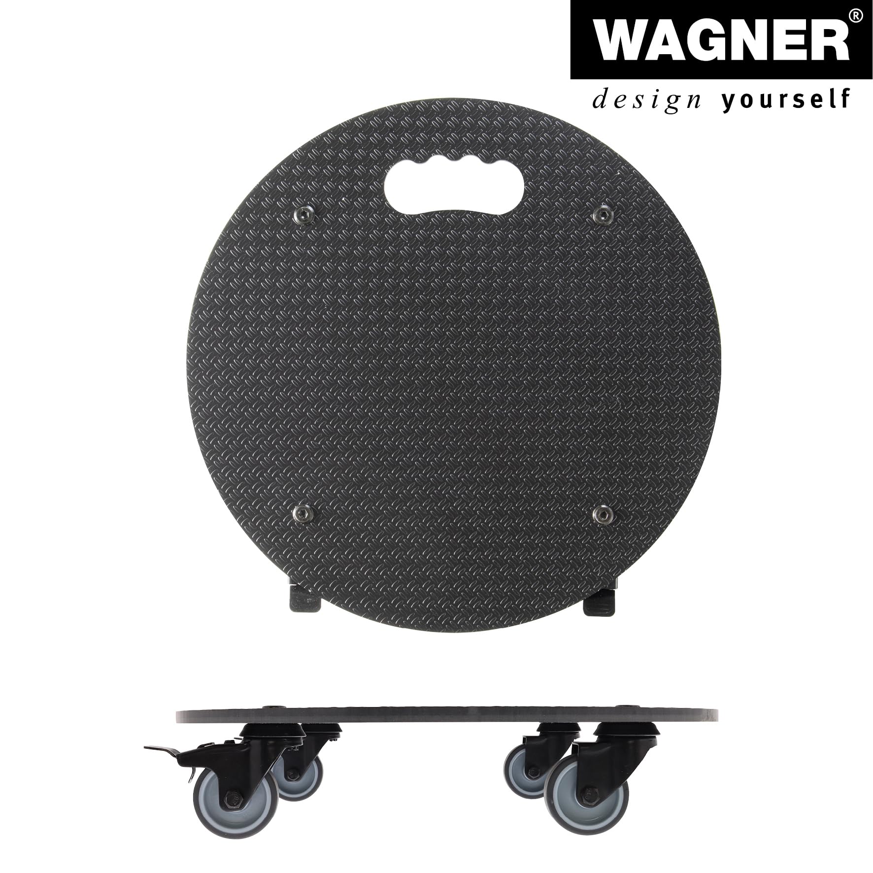 WAGNER Pflanzenroller HPL Black Ø 38 x 7,5 cm I Blumenroller für Außenbereich + Innenbereich I Kübelroller HPL I 2 Total-Feststeller I Tragkraft 100 kg I Made in DE - 20063001