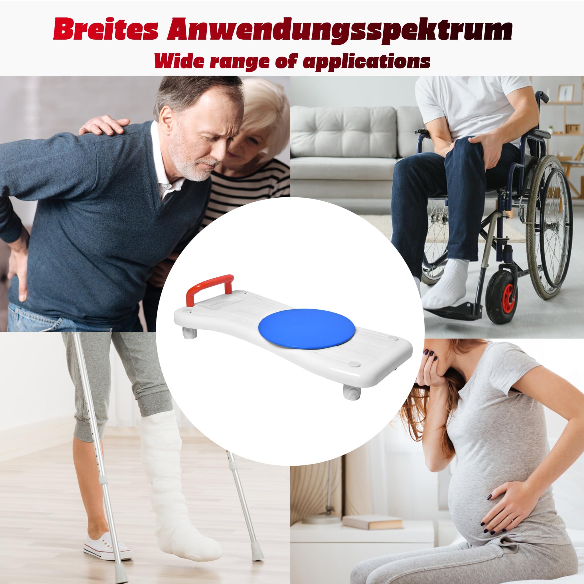 LARS360 Badewannenbrett mit Drehscheibe, Einstellbar Sitzbrett Wannensitz für Senioren mit Rot Griff und Seifenablage, Max. Belastung 150 kg, für Badewannenbreiten von 41-63 cm