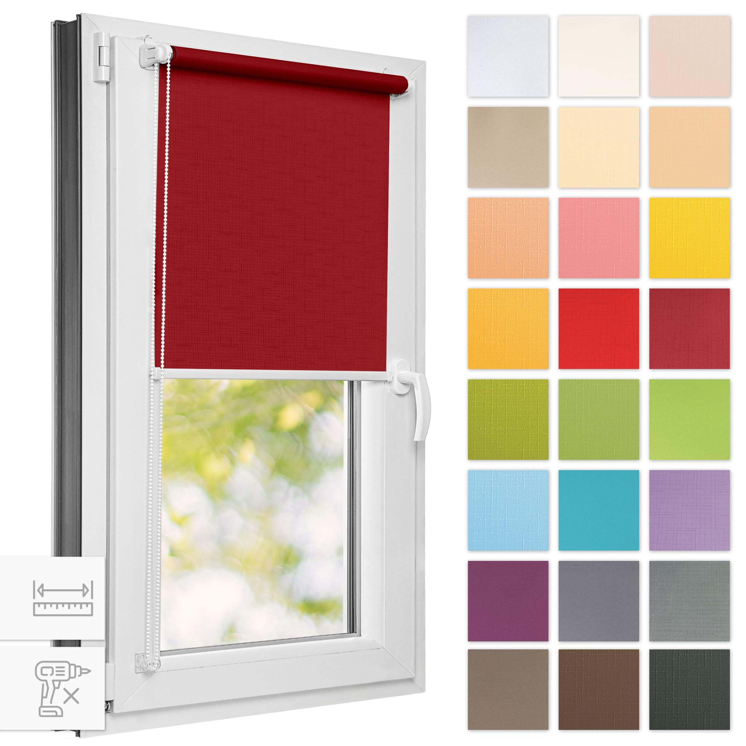 Estika Rollo für Fenster ohne Bohren - 90cm x 120cm - Dunkelrot - 25 Stofffarben, Klemmfix Montage, Fensterrollos für innen, Sichtschutz für Fenster und Balkontür (90 cm Stoffbreite)