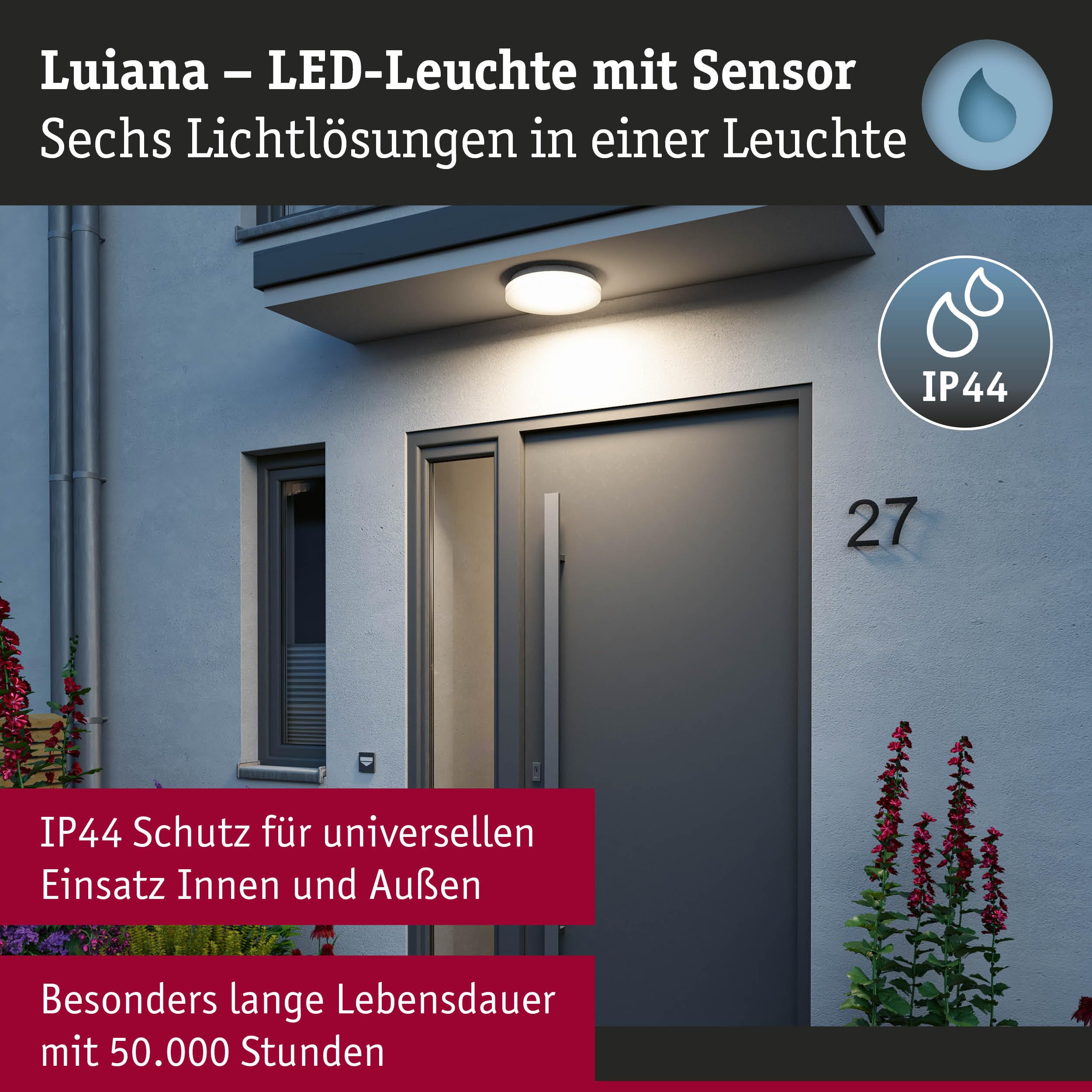 Paulmann 75409 LED Deckenleuchte Dämmerungsgesteuerter Bewegungsmelder (HF) IP44 3000-5700K 1750lm 230V 16,5W Weiß