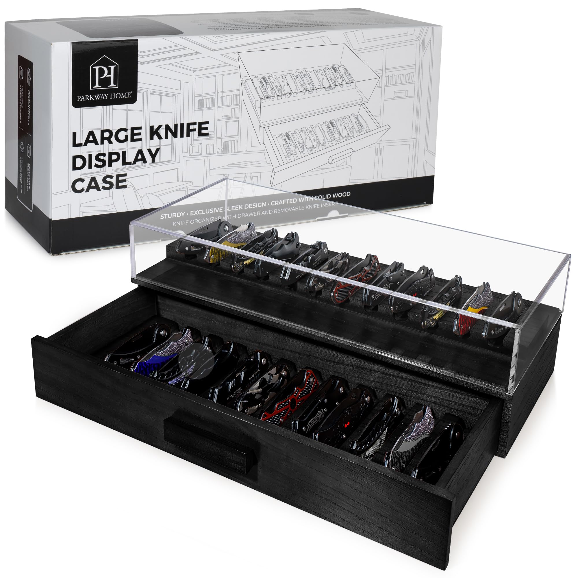 Large Black Pocket Knife Display Case – Wooden Pocket Knife Case Box for 24 Knives with Sturdy Clear Cover – Large Knife Storage Organizer and Knife Cases for Collections with EDC Drawer, Knife Box
