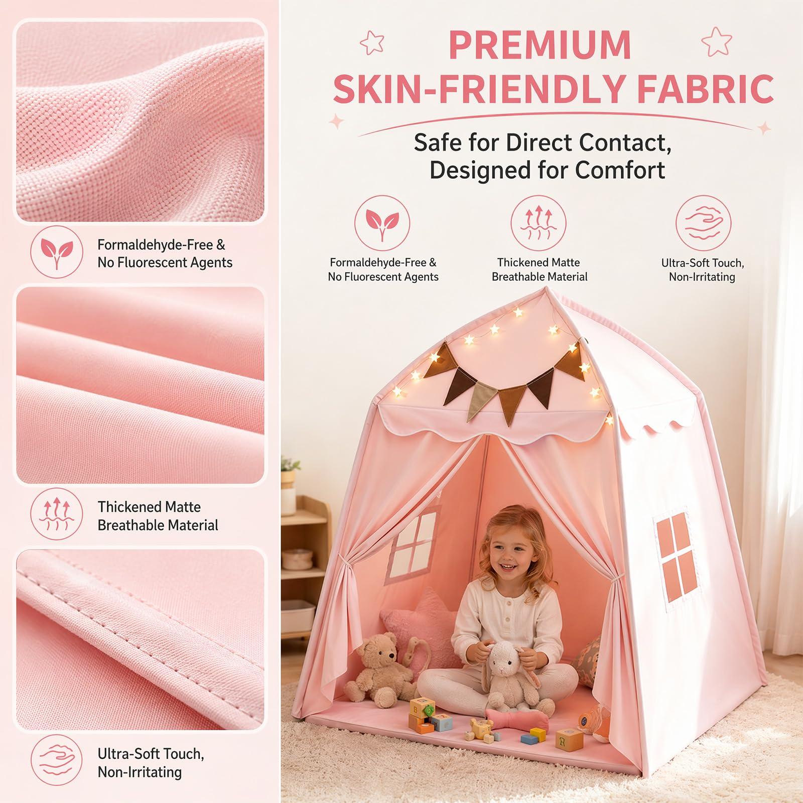 Kinderzelt für Drinnen, Spielzelt Kinder Indoor Faltbares, Zelt Kinderzimmer mit Flaggen & Lichterketten, Leseecke Kinderzimmer, Kinderzelt Indoor, Spielhaus Kinder Indoor, 150x100x150 cm (Rosa)