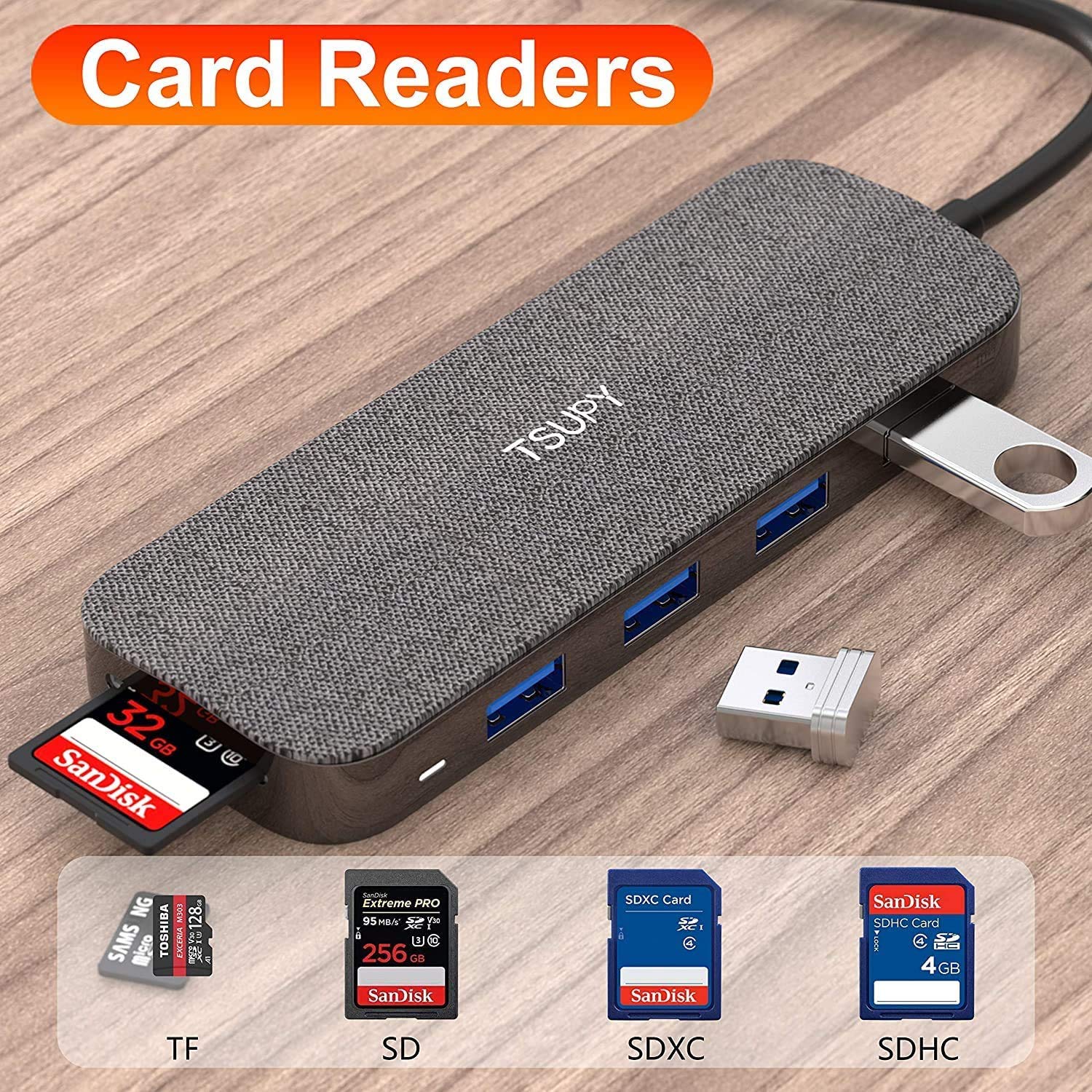 Hub USB 3.0 TSUPY Avec Lecteur SD - 3 Ports USB + Adaptateur Cartes SD/TF Pour PC, Mac