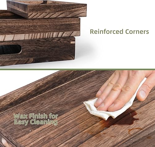 Miniatura 4 de LotFancy Bandejas de madera para servir juego de 7 piezas bandejas rústicas para alimentos con asas bandeja decorativa para charcutería para otomana