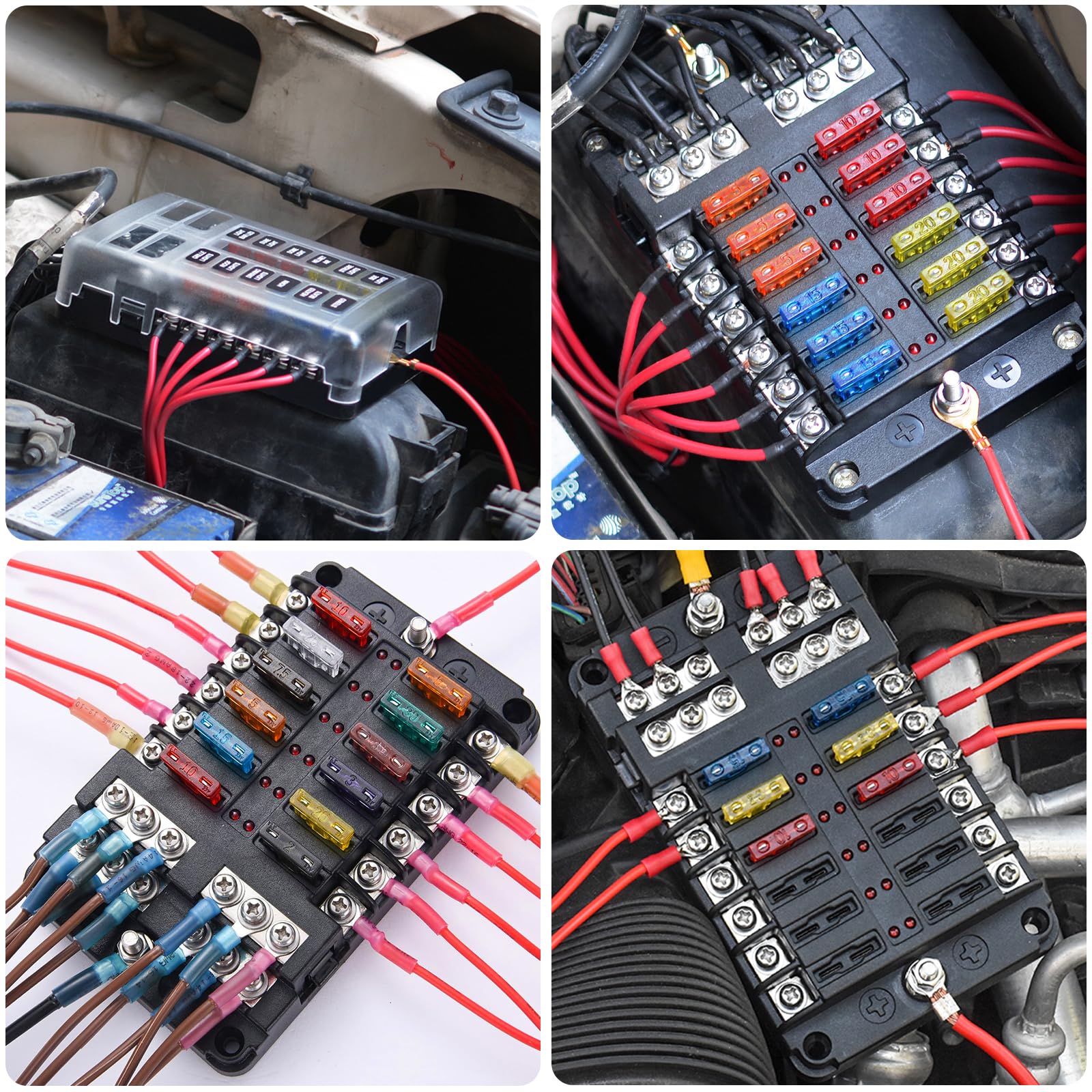 Gerbala 12 Voies Boîte à Fusibles, Blocs Fusible Lame avec Indicateur LED, porte fusible 12V etanche, avec 30 Fusibles à Lame, Couvercle Anti-Poussière, pour 12V/24V DC Voiture, Bateau, Camion
