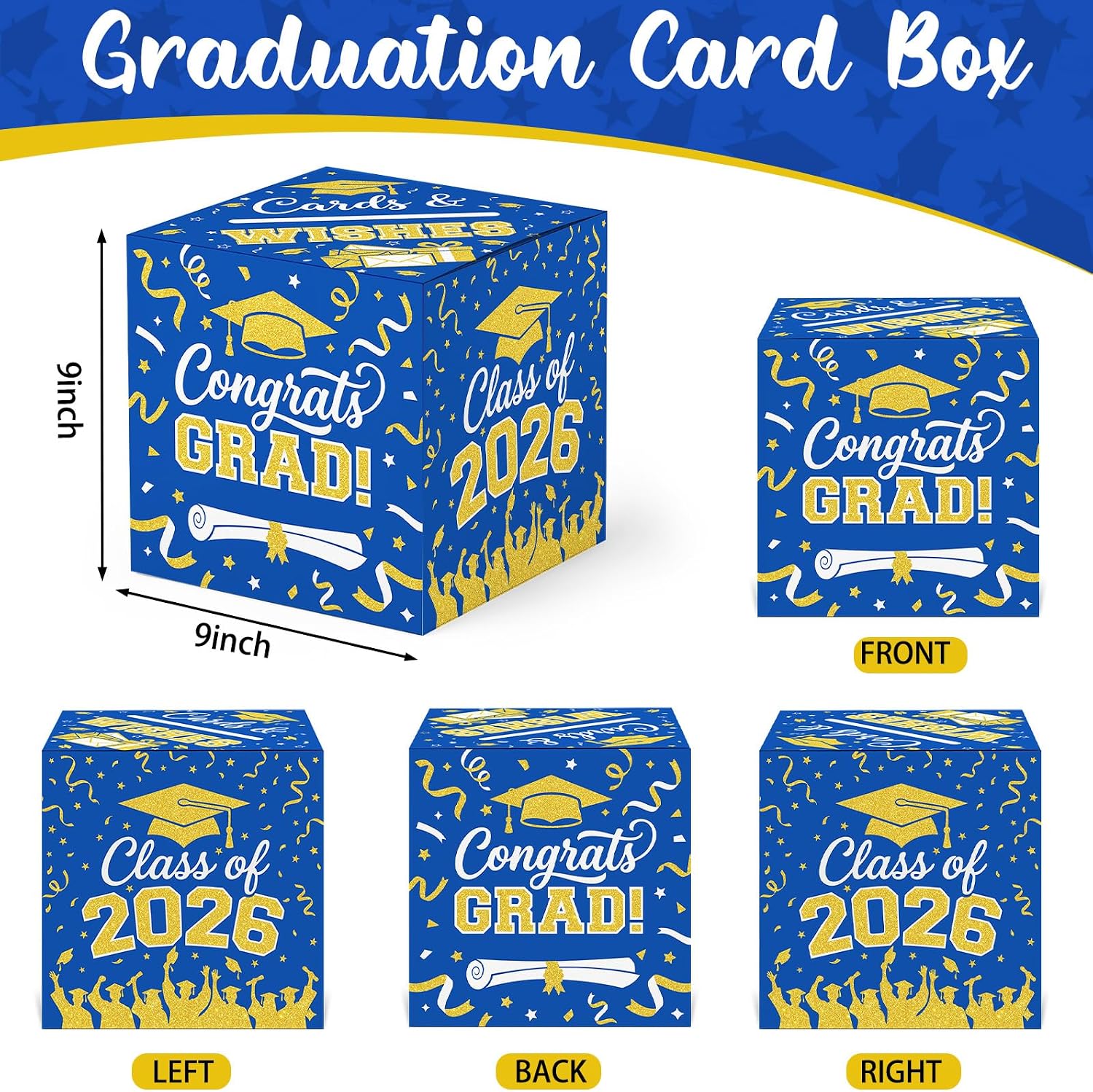 Graduation Decorations 2026 Card Box Holder, Class of 2026 Congrats Grad Gift Card Money Box for Graduation Party Supplies Table Decorations, 9x 9 x 9 inches