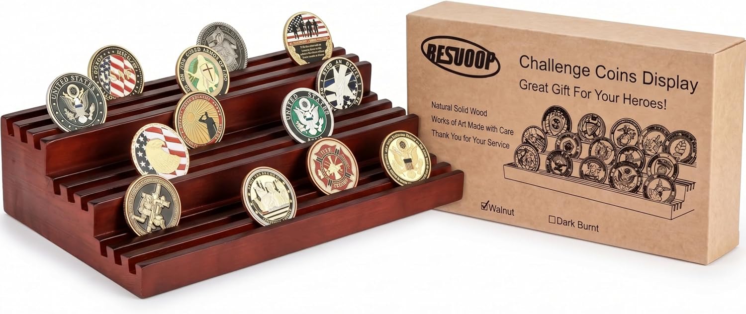 Challenge Coin Display Stand - Where Every Coin Tells A Story - Solid Wood Military Coin Rack | 9-Row Ladder Design Holds 45-60 Coins | Desktop Holder for Army Police Firefighters (Walnut)