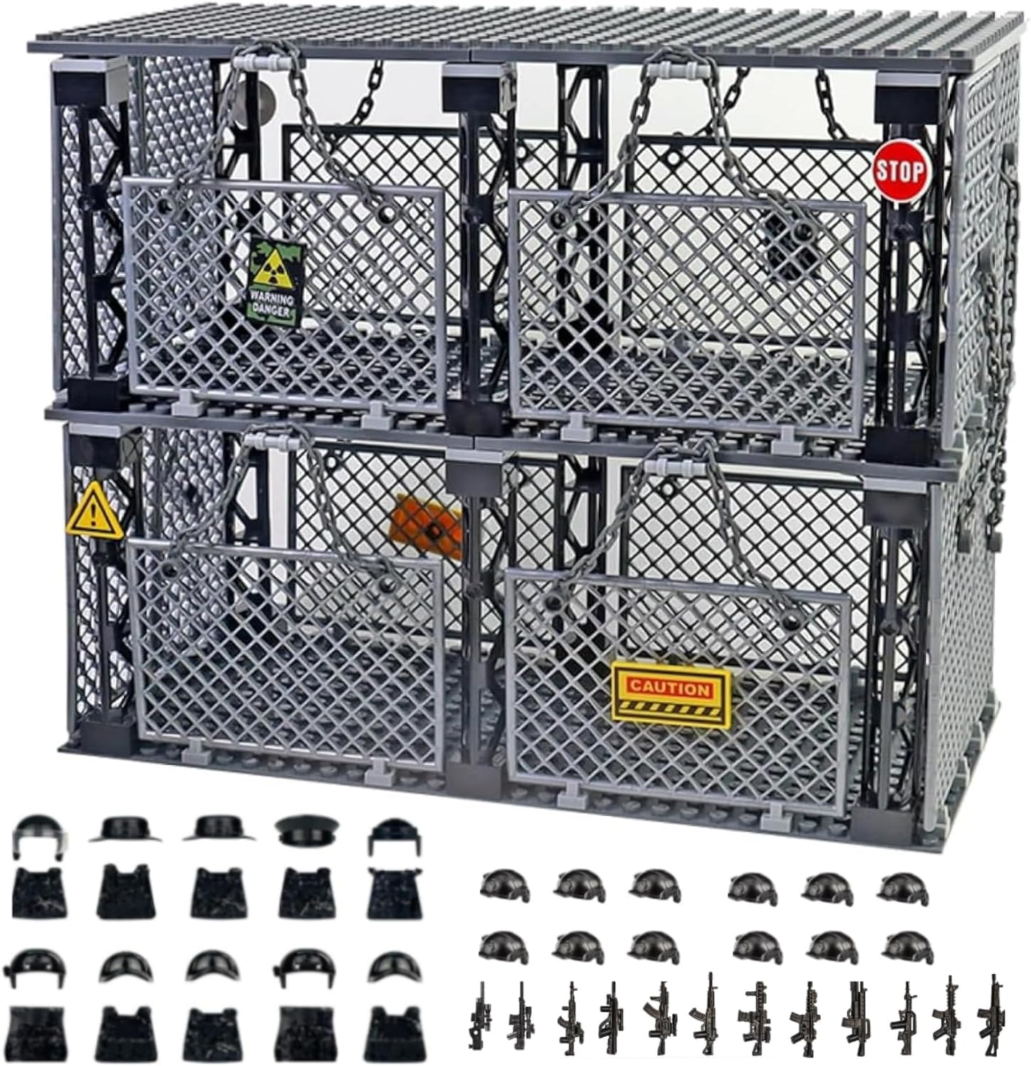 Closed Cage Building Blocks Set - Military Prison Battle Scene Building Block,Compatible with Lego World T-Rex,Includes 10 Soldier Figures with Weapons
