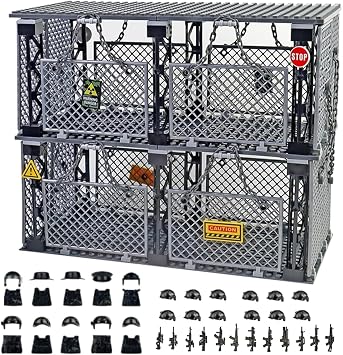 Closed Cage Building Blocks Set - Military Prison Battle Scene Building Block,Compatible with Lego World T-Rex,Includes 10 Soldier Figures with Weapons
