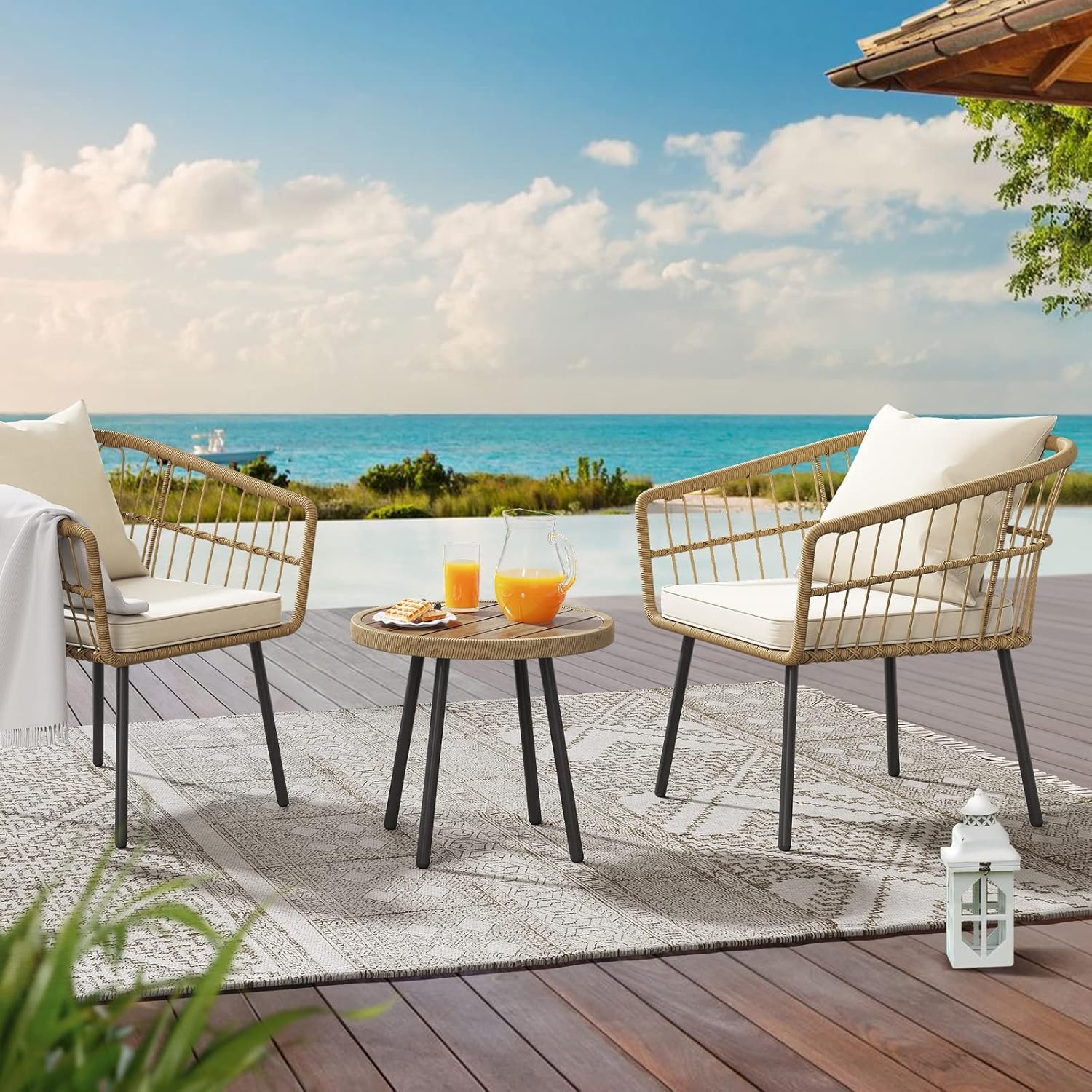 YITAHOME 3 Pieces Outdoor Wicker Patio Conversation Bistro Set, All-Weather Rattan Patio Furniture Set with Table & Cushions, Outdoor Sectional Sofa for Patio, Balcony, Backyard, Deck : Everything Else