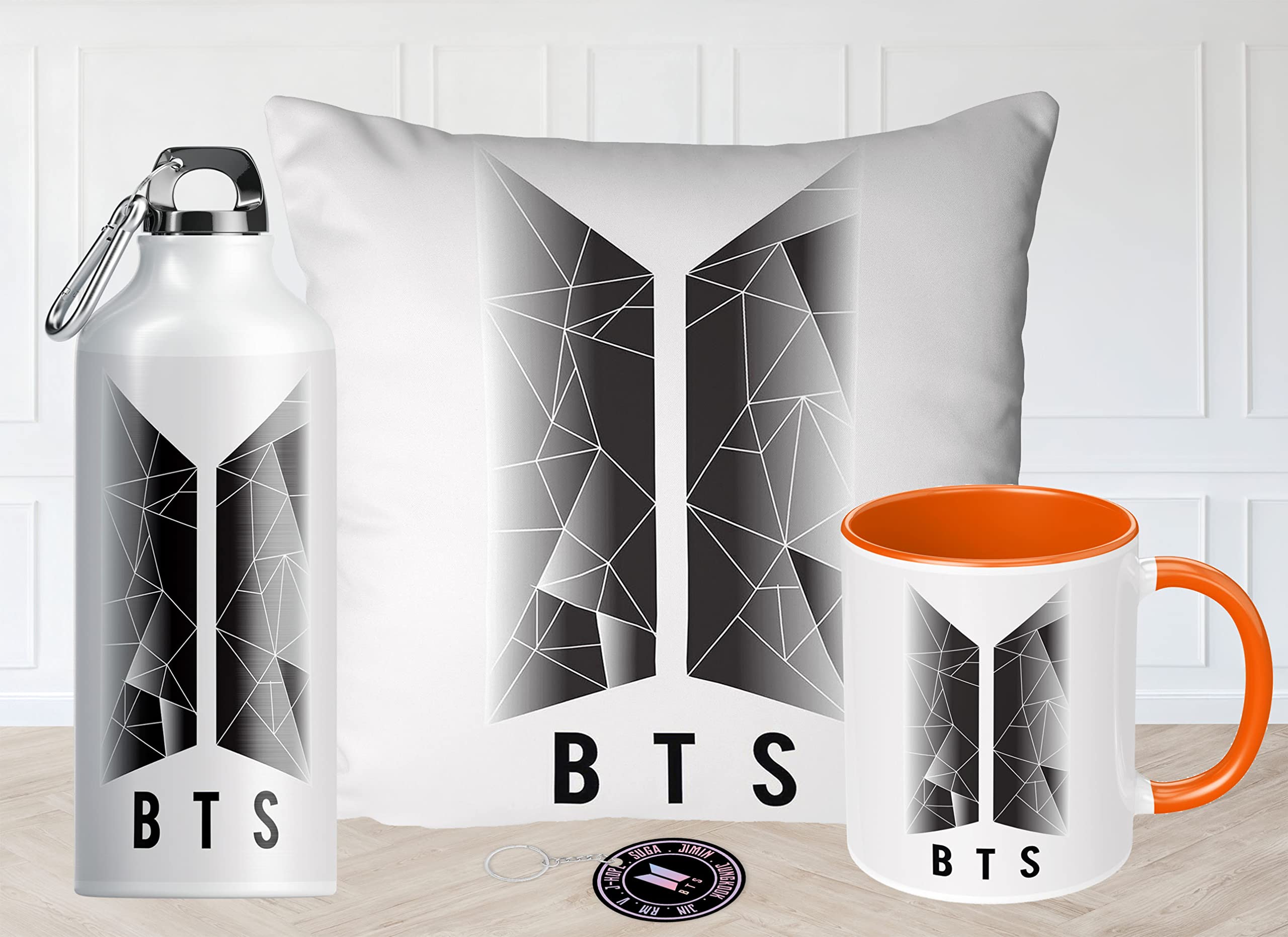 NH10 DESIGNS BTS Printed Ceramic Coffee Mug (350-ml), Sipper Bottle (600ml), Cushion Cover with Filler (12x12 inch) & Keychain BTS Combo Birthday Gift for Girls Boys Friends (BTSC3TMSKV1 05)