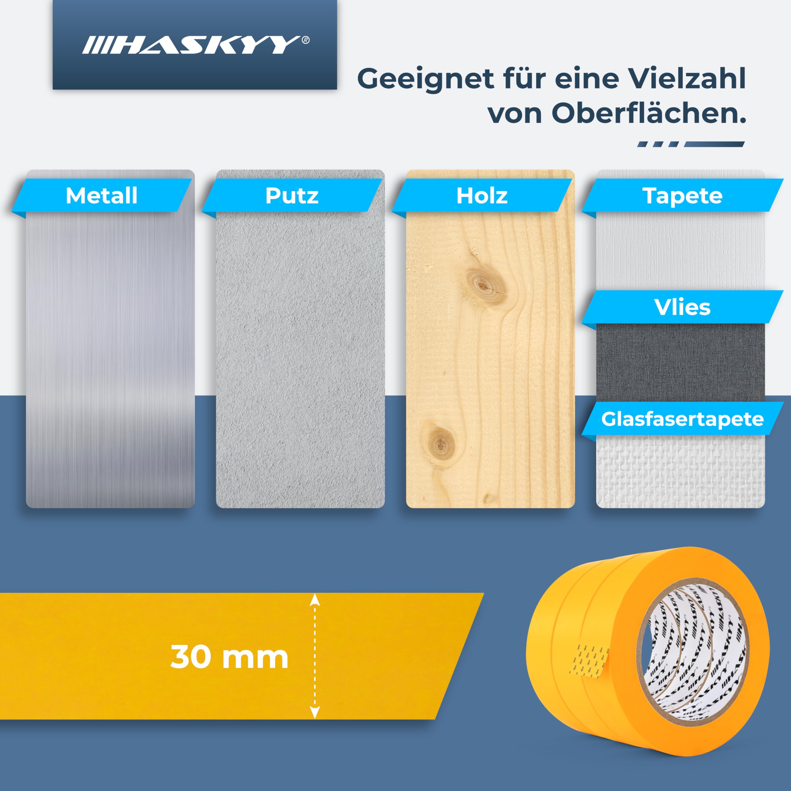 HASKYY Goldband Malerkrepp Kreppband 3x Malerband 30mm x 50m Profi Abdeckband Malertape Klebeband Washi Tape Gold Papiertape Selbstklebend