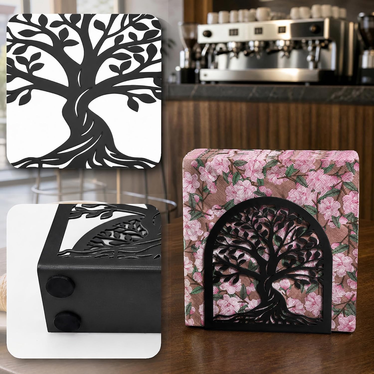 Napkin Holder for Table, Tree of Life Decorative Metal Napkin Dispenser for Kitchen Dining, Countertop, Coffee Bar Tabletop Decor, Restaurant and Outdoor Use, Black