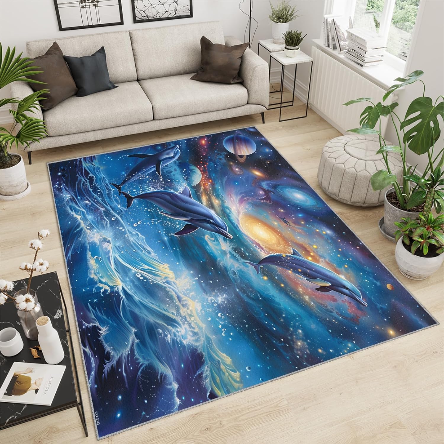 FACADUP Galaxy Dolphin Rug 150x180cm Creative Blue Ocean Starlit Sky Dolphin Rugs Soft Comfort Low Pile Carpet for Nursery Classroom Dorm Study Office Room Decor FACADUP Galaxy Dolphin Rug 150x180cm Creative Blue Ocean Starlit Sky Dolphin Rugs Soft Comfort Low Pile Carpet for Nursery Classroom Dorm Study Office Room Decor