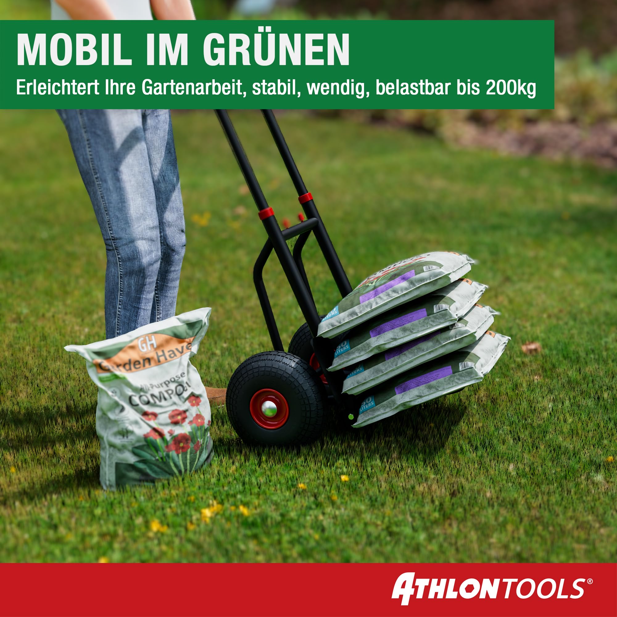 ATHLON TOOLS Schwerlast Sackkarre Vollgummireifen 200kg – Stahlrahmen mit luftgefüllten Reifen, große Räder leichtgängig & stoßarm, platzsparend zusammenklappbar