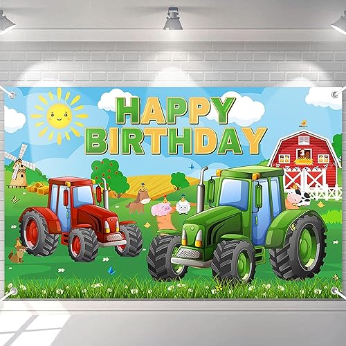 Avezano Farm Birthday Backdrop for Kids Green Grass Tractor Birthday Party Decor