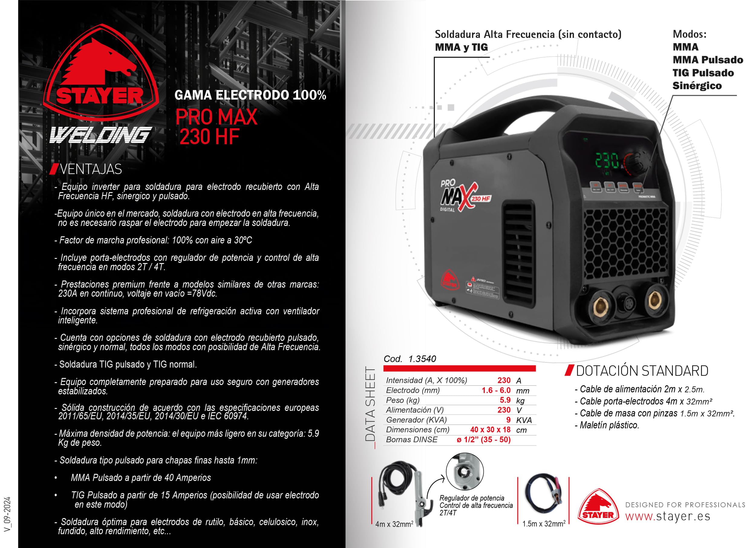 Equipo inverter para soldadura para electrodo recubierto con Alta Frecuencia HF, sinergico y pulsado, con 230A. PRO MAX 230 HF