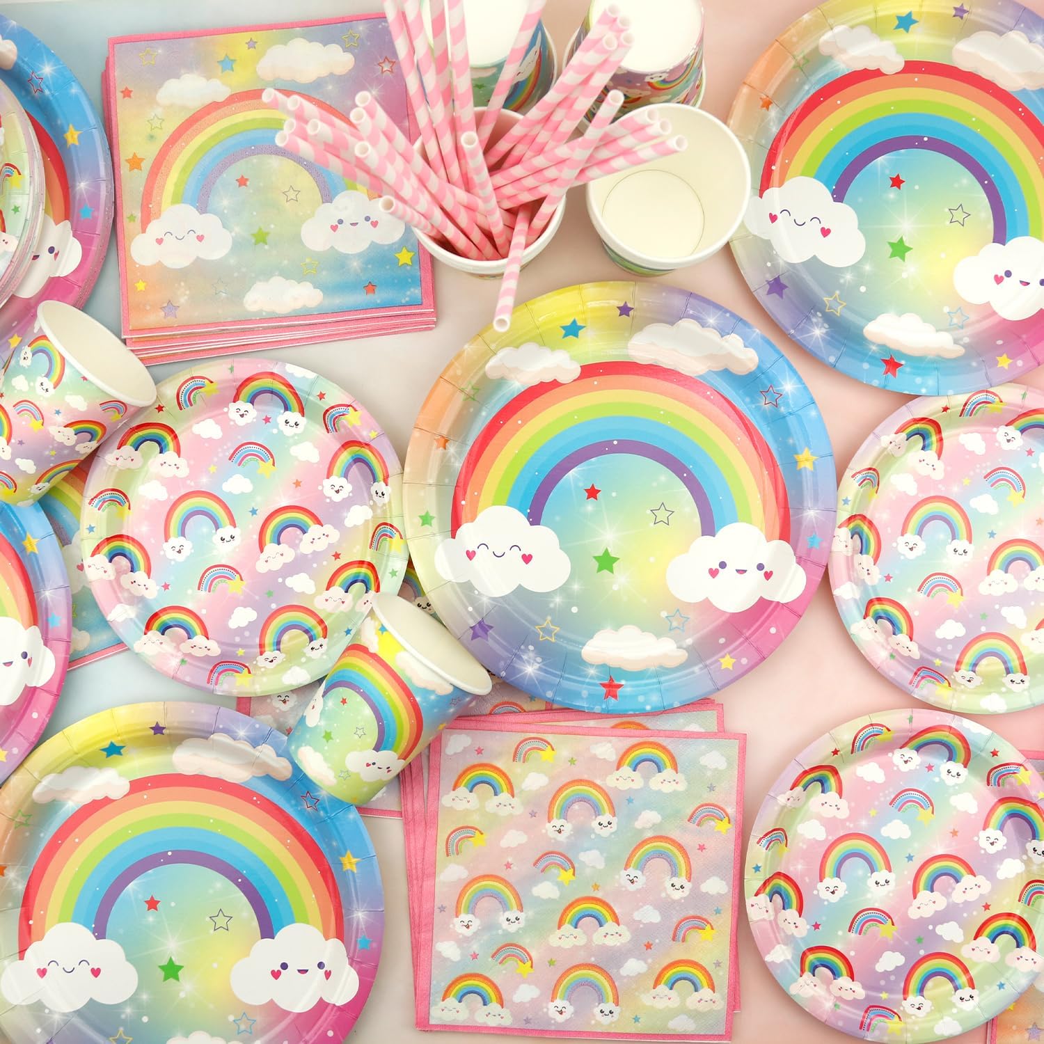 Rainbow Party Decoration - Rainbow Birthday Party Tableware Supplies Includes Plates, Cups, Napkins, Tablecloth, Straws (40) - Image 5