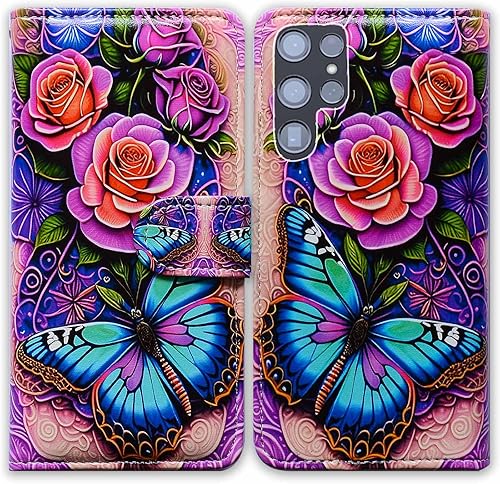 Bcov Funda para Samsung Galaxy S22 Ultra para Samsung Galaxy S22 Ultra (piel con tapa y función atril), diseño de flores y mariposas azules