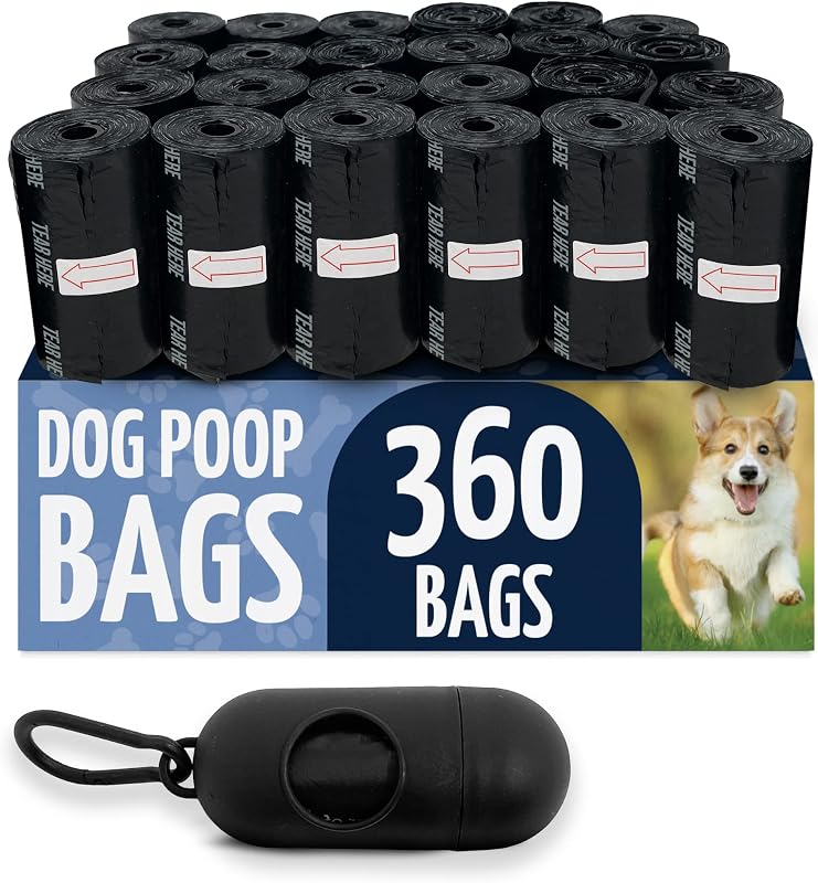 Reli. Dog Poop Bags w/Holder (360 Pack - 24 Rolls) | Leash Clip Dispenser | 9x13" Large Dog Bag for Poop | Unscented, Leak Proof | Black Pet Waste Carrier Refills w/Clip Dispenser