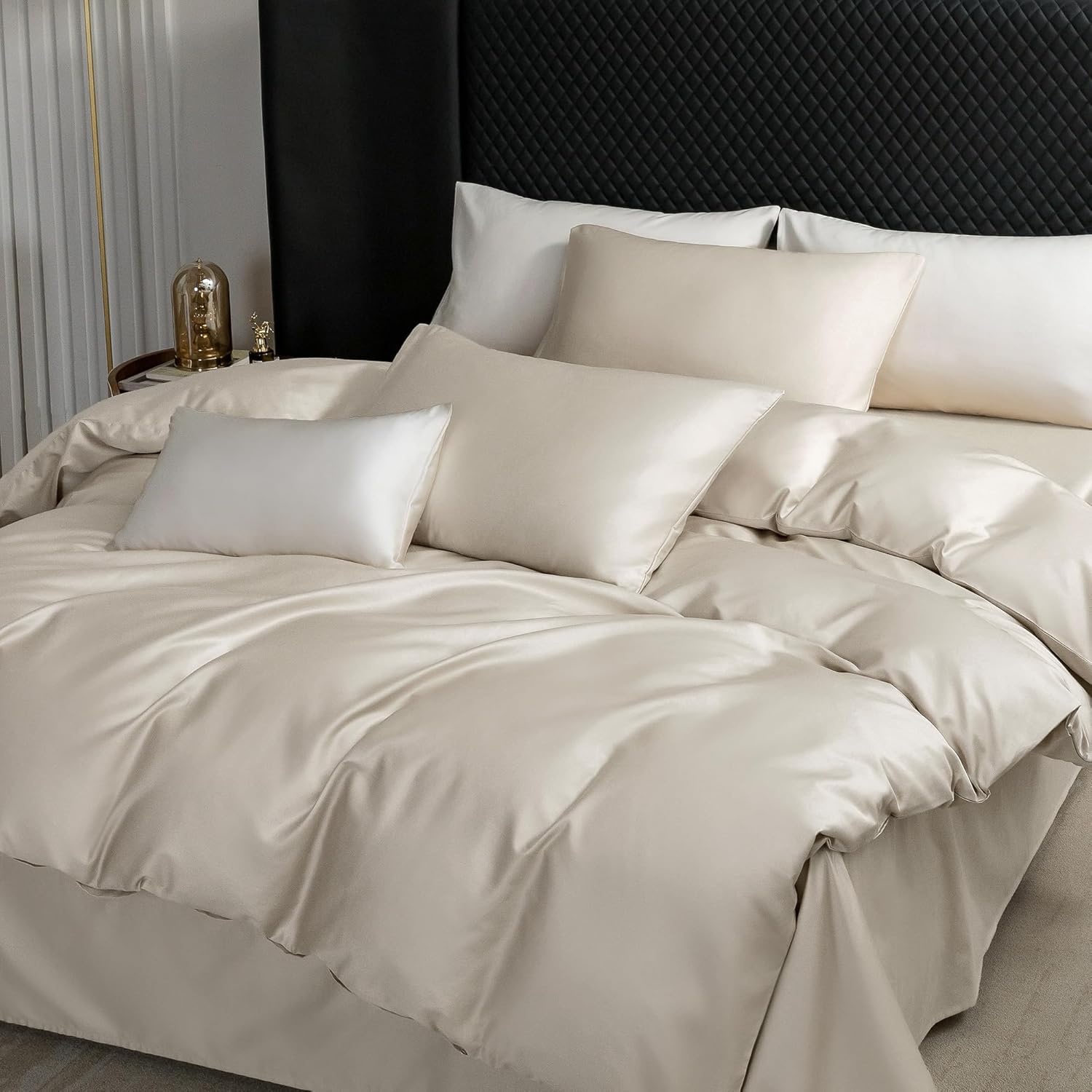 MooMee Duvet Cover Set, 100% Extra Long Staple Cotton 600 Thread Count Sateen Smooth Luxury Breathable Hotel Quality Cooling Bedding for All Season, 3 Pieces (Beige, Queen 90"x90")