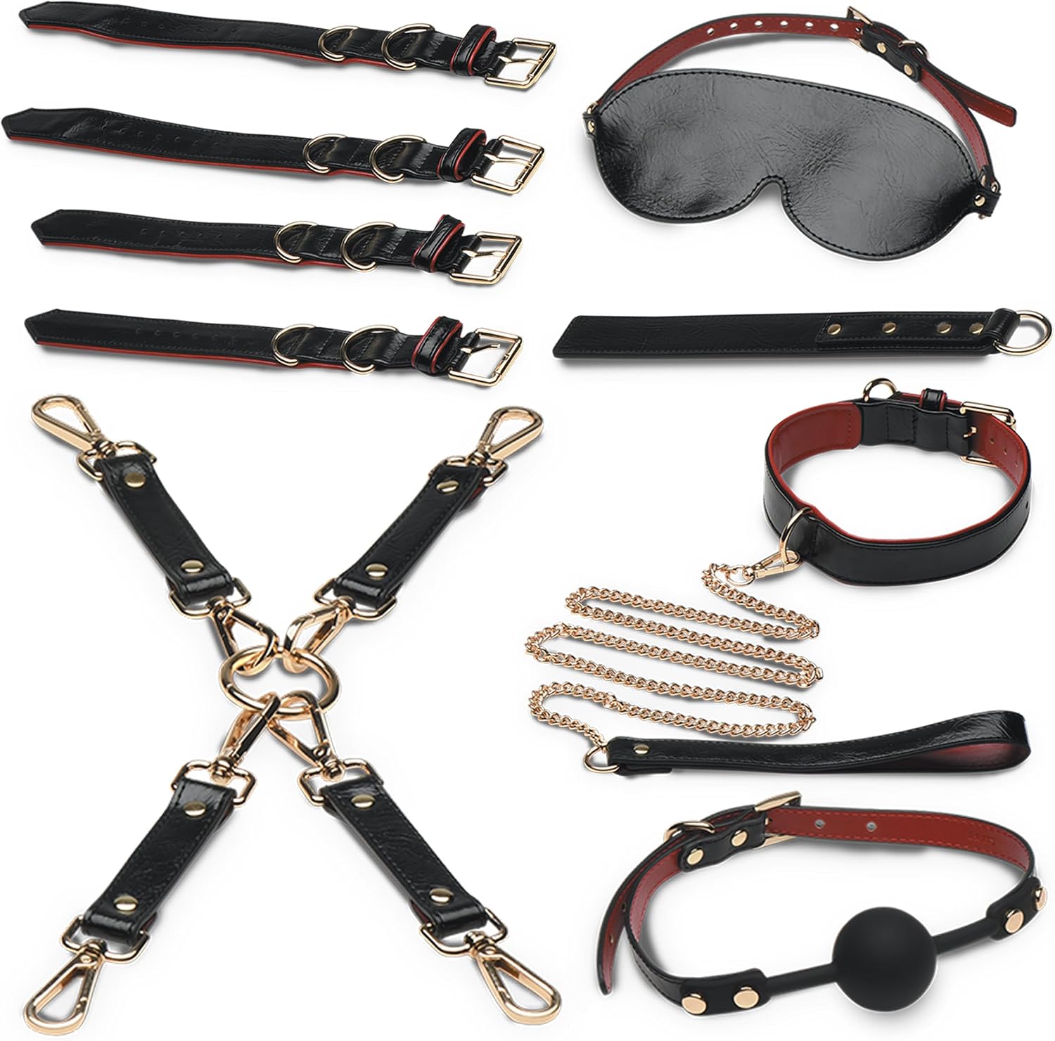 Bedroom Bliss Lover's Deluxe Bondage Set for Men, Women & Couples. Full Set Includes Ball Gag, Blindfold, Collar, Leash, Wrists and Ankle Cuffs, Flexible Slapper, Hogtie Connectors. 10 Pieces, Black