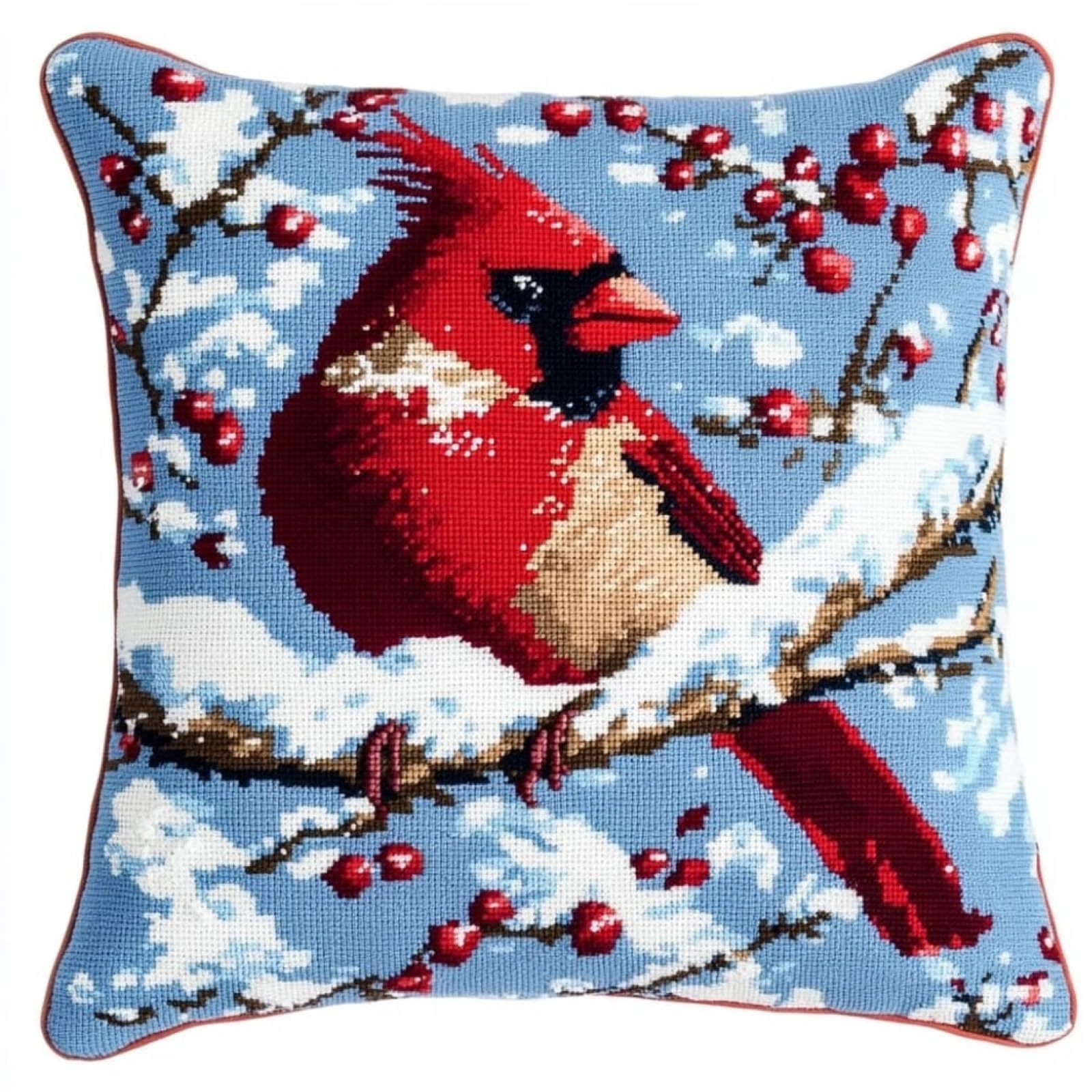 WallustrioaW Cross Stitch Cushion Kit for Adult Beginner,Red Finches on the Branches DIY Cushion Embroidery Kit 18x18in 11CT Cross Stitch Pillow Sewing Art Home Decoration