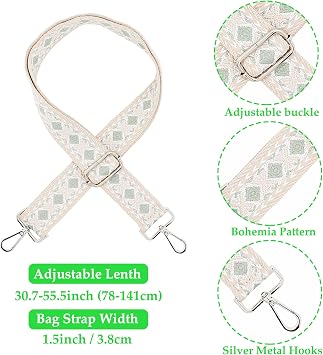Shoulder Strap for Bags, Width 3.8 cm, Boho Bag Strap, Adjustable 78-141 cm, Shoulder Strap with Carabiner for Shoulder Bags, Crossbody Bags, Handbags (Green)
