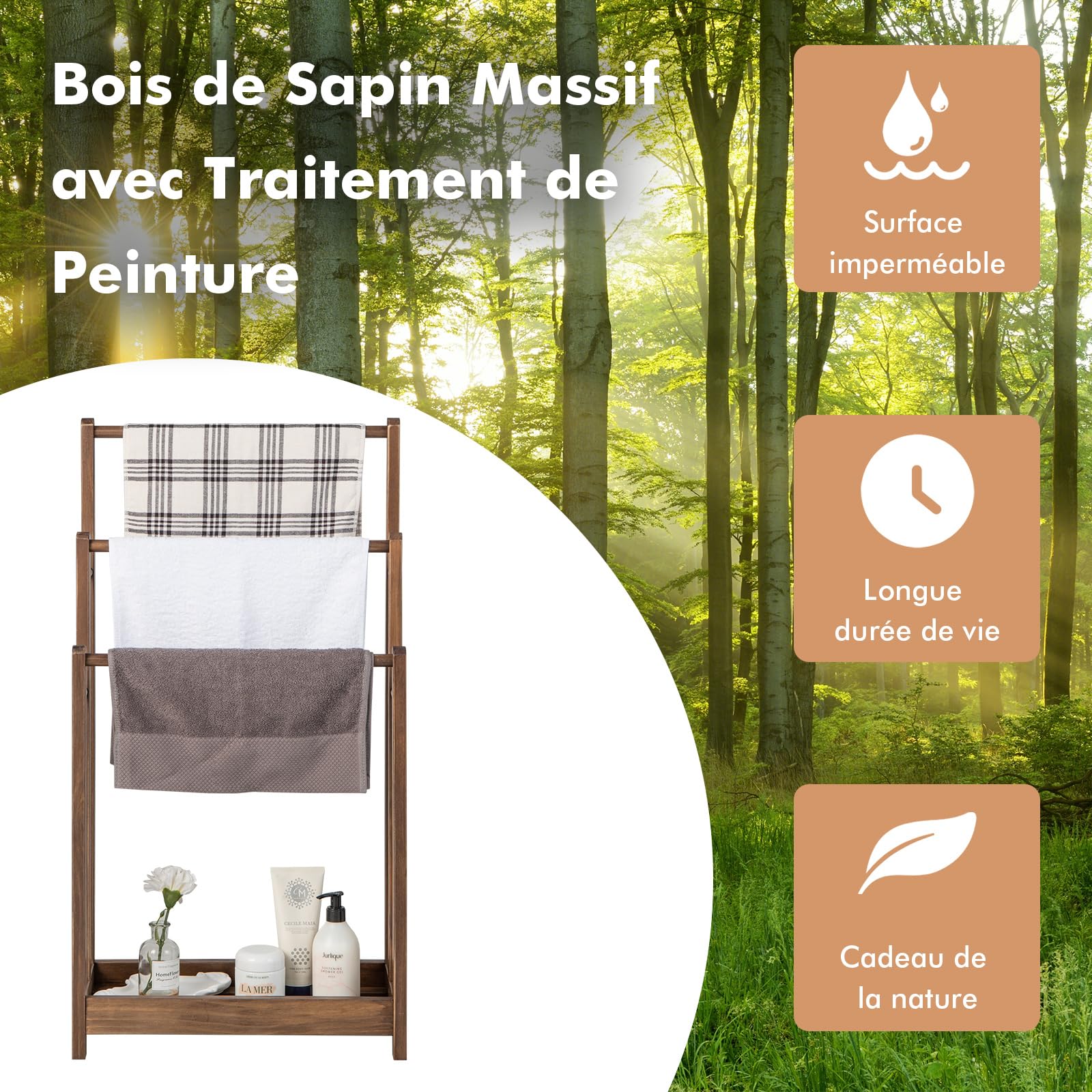 COSTWAY Porte-Serviettes sur Pied en Bois, 3 Barres et Étagère de Rangement Inférieure, Dispositif Anti-Renversement, Support Serviette pour Salle de Bain, Buanderie, 22 x 45 x 86 cm, Marron
