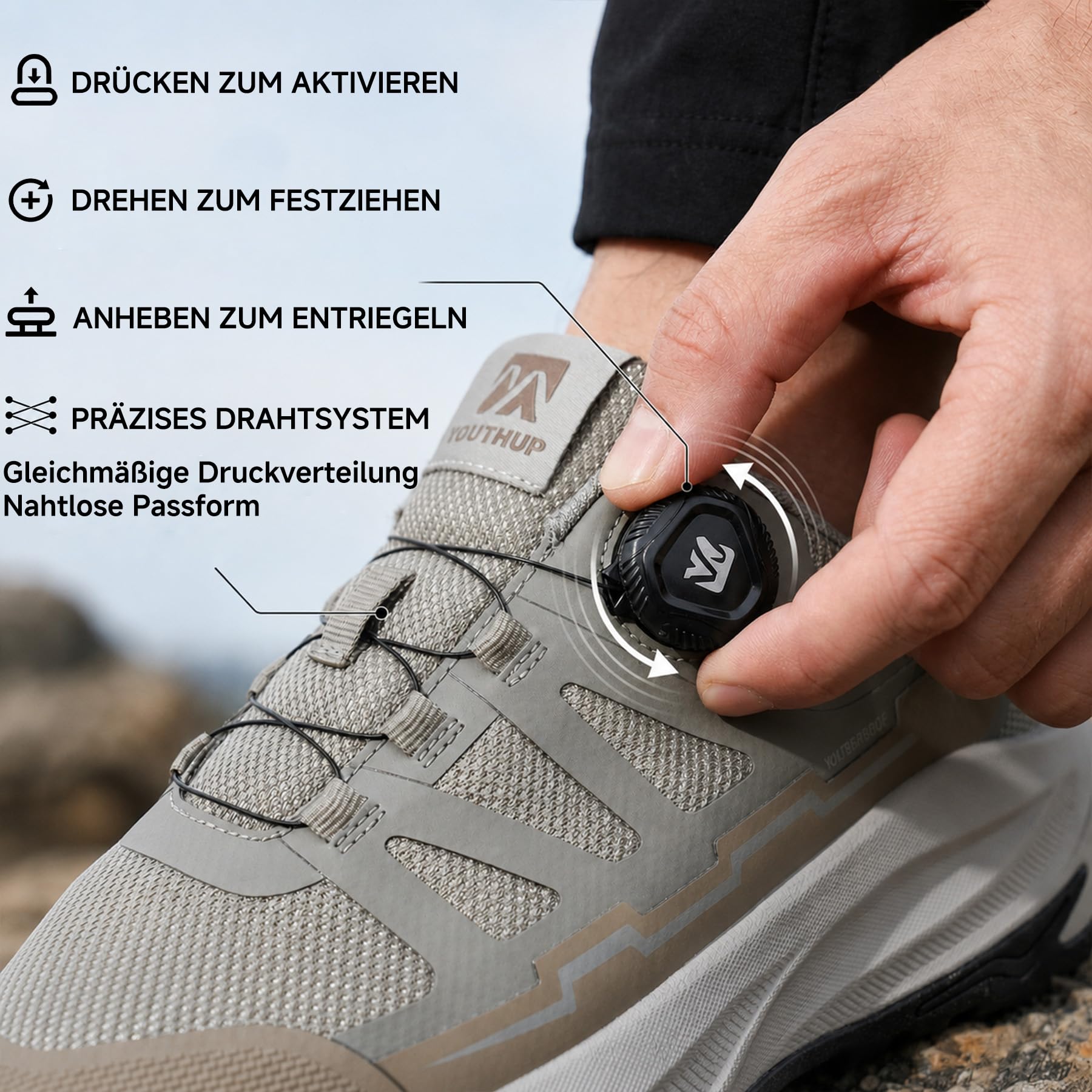 YOUTHUP Herren Wanderschuhe Wasserdicht Laufschuhe mit Drehverschluss