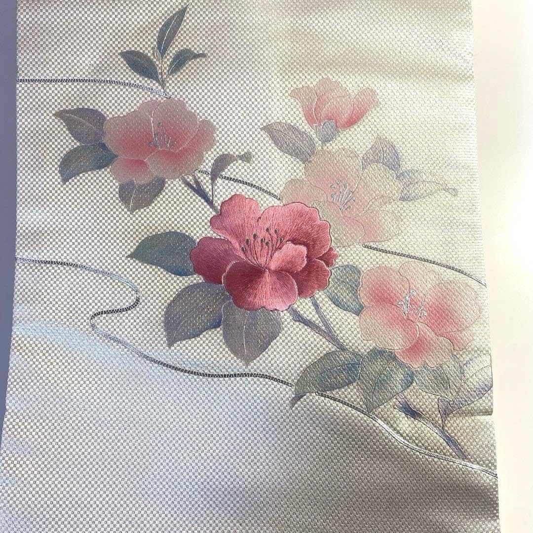 Amazon.co.jp: 名古屋帯 絹 蘇州刺繍 駒刺繍 銀色 ピンク 緑 花