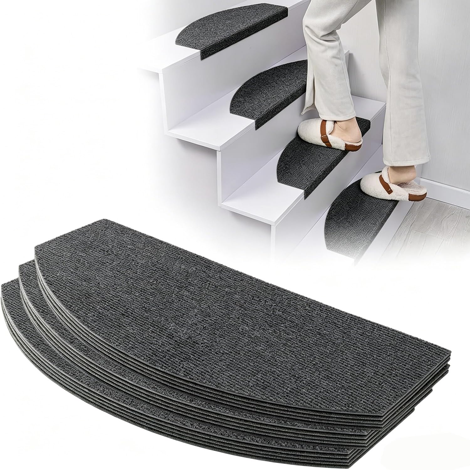 Set di 15/10/5/2 Copertura Antiscivolo per Scale, 60x24cm Tappetini per Scale a Chiocciola Semicircolare Adesivi Passatoie per Gradini Lavabile per Interne Marmo legno Scale(A3,60x24cm(15pcs))