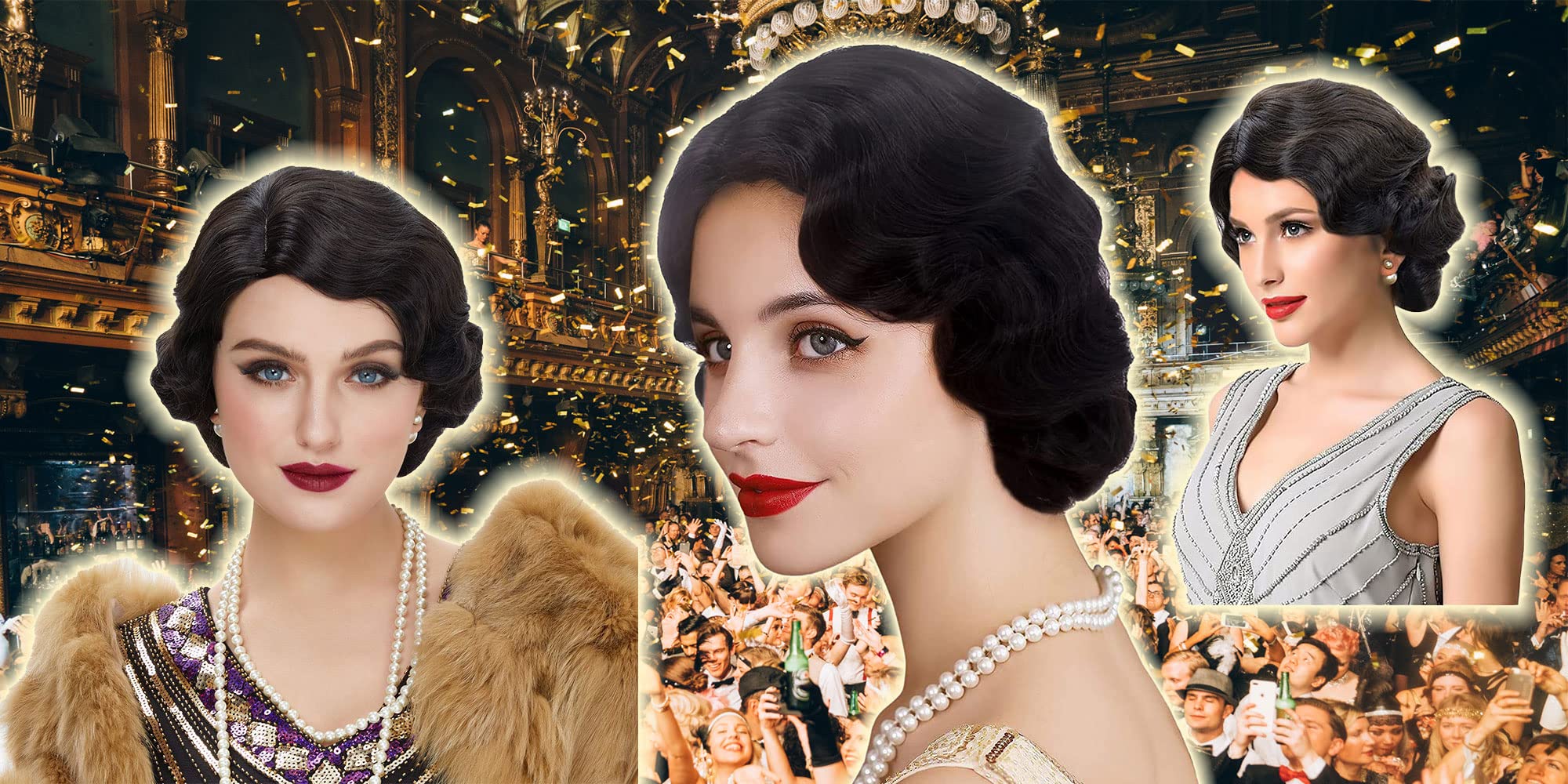 REEWES Short 1920s Finger Wave Wig - Curly Vintage Synthetic Full Wig for Women - Cosplay Costume Fancy Dress Flapper (Black) - Image 3