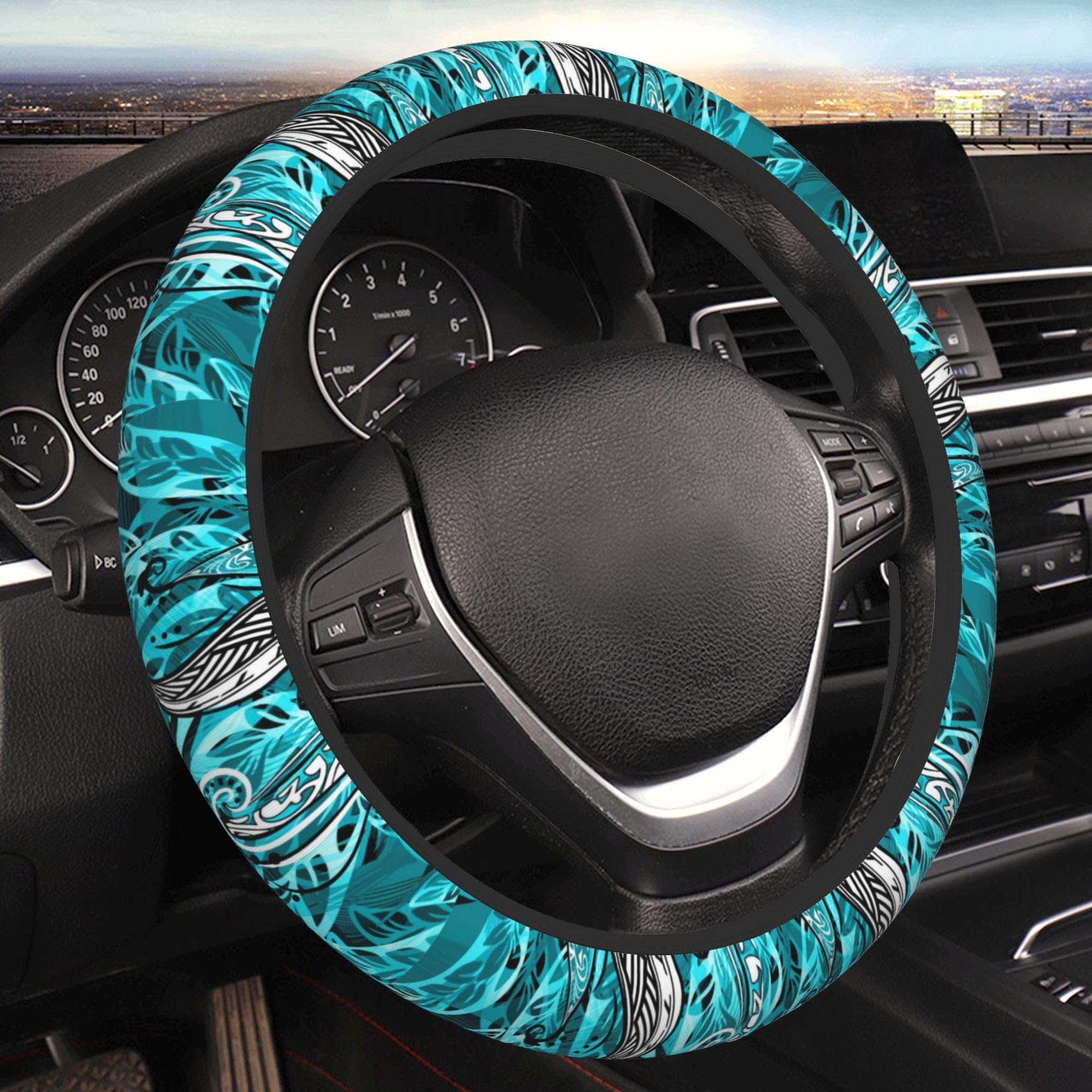 Hawaiian Teal Ocean Tribal Car Steering Wheel Cover for Women Men Stretch Cloth Anti-Slip Wrap Protector Case Fit Universal Auto Accessories Decor