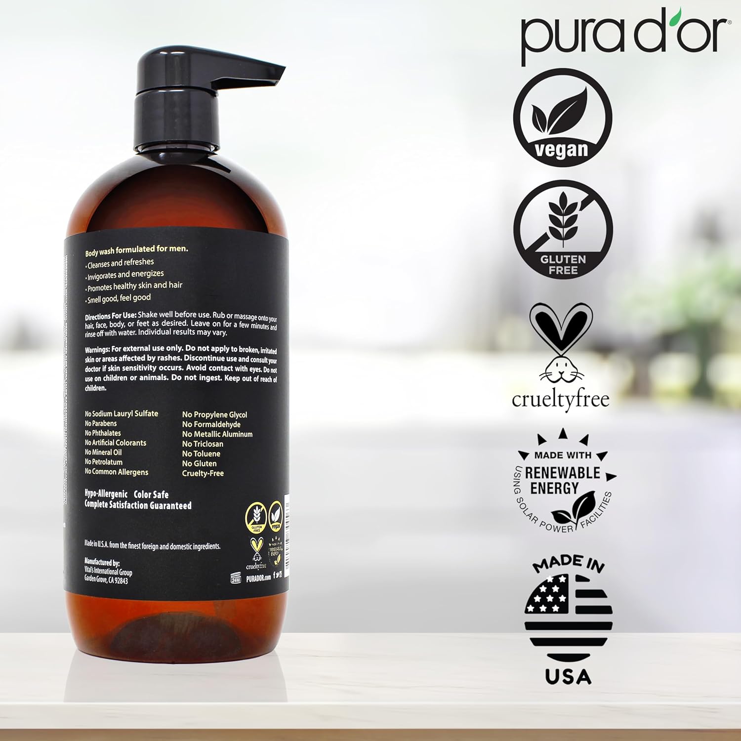 PURA D'OR 24 Oz 8-in-1 Hair & Body Cleanser For Men – Sulfate-Free, Multi-Use Wash for Hair, Face, Beard & Body, with Organic Aloe Vera, Cedarwood & Lemongrass, Energizing & Deodorizing Formula - Image 6
