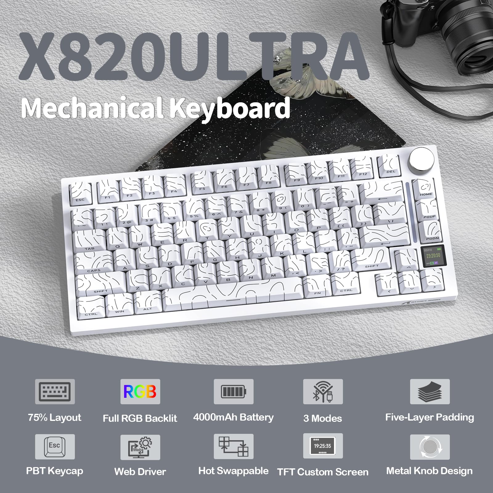 YINDIAO ATTACK SHARK X820 Ultra Gasket Mechanical Keyboard with TFT Screen & Knob, 75% ANSI Layout, 2.4Ghz/BT/Wired, 5 Sound Absorbing Foams, Hot-Swap Linear Switch, for PC,MAC (White, Gift Switch)