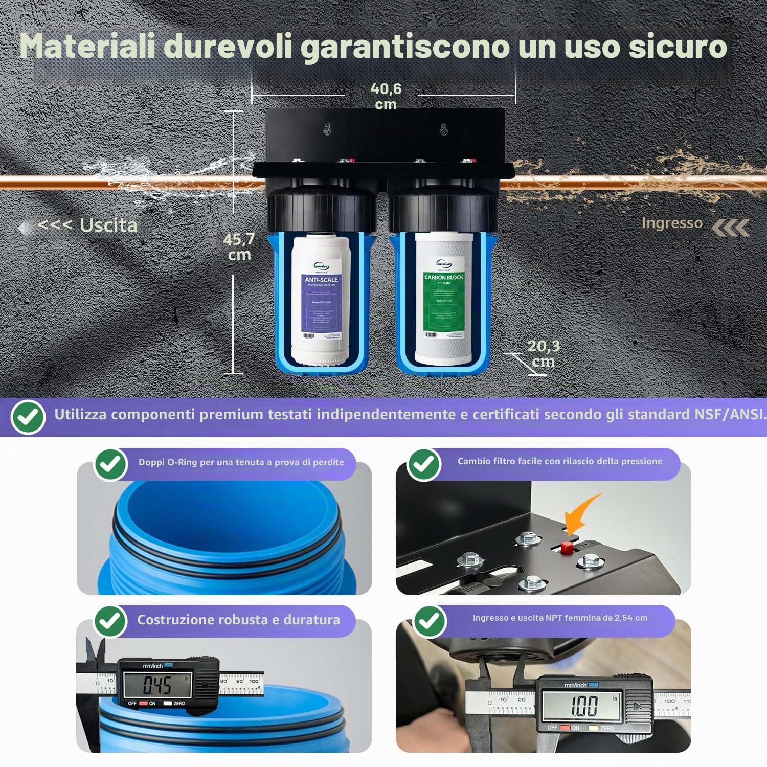 iSpring WGB21B-DS Filtro Acqua Ingresso Generale, Purificatore Acqua per Tutta la Casa, Filtro Anticalcare + CTO 10"x4.5" (Cloro e Odori), Connessione 1", Senza Calcare e Protezione Tubi