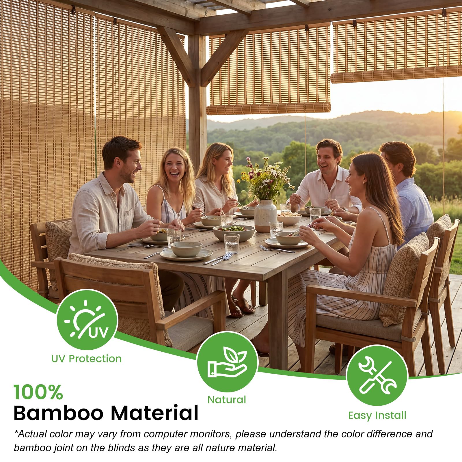Stores en bambou, stores en bambou faciles à installer, stores en bambou pour fenêtres intérieures, stores enrouleurs de tailles personnalisées pour fenêtres intérieures et extérieures