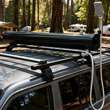 Road Shower & Overland Water Tank Combo 20L, Roof Rack Water Tank for Vehicles and Trucks, Pressurized System for Camping Shower, Pet Cleaning & Beach Use 18L