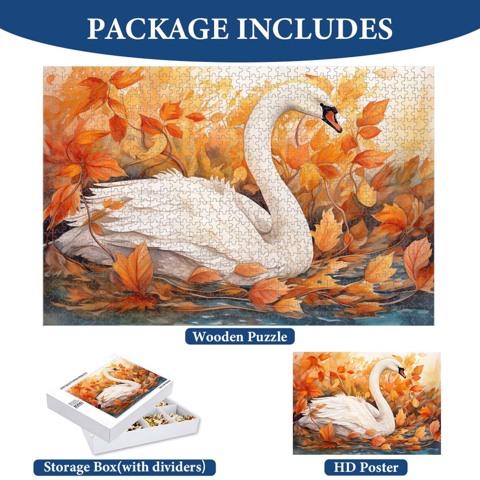Puzzle 1000 Teile für Erwachsene, Herbst & Schwan Holzpuzzle, 1T#485
