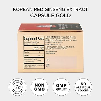 JUNG KWAN JANG Korean Red Ginseng Extract Capsule Gold - Vegan Energy Supplements - No Caffeine & Non-GMO (600mg, 150 Capsules)
