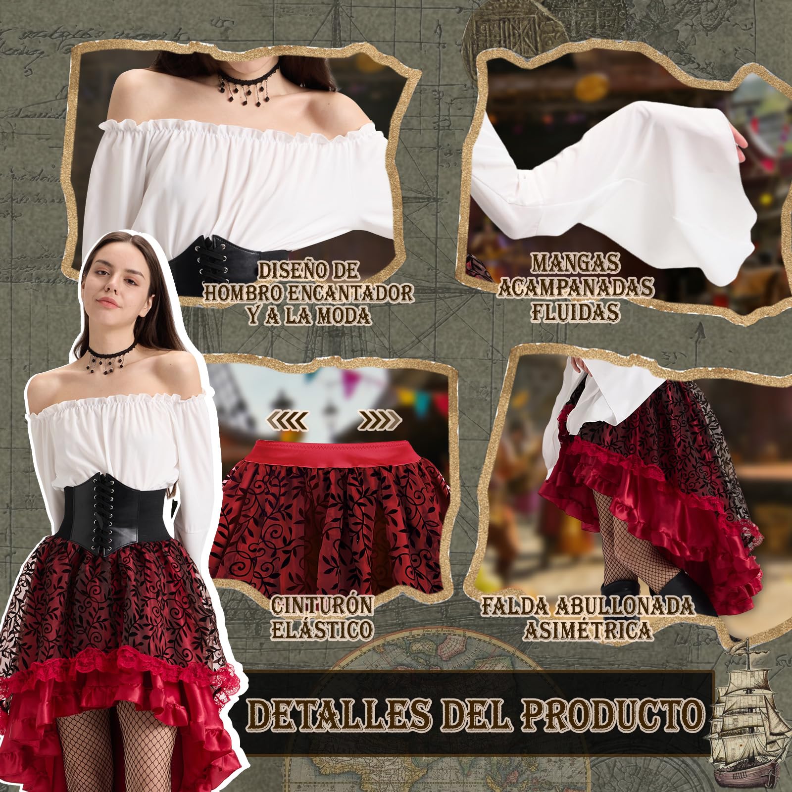 Charmofun Disfraz de Pirata para Mujer, Vestido Medieval Mujer con Top Con Hombros Descubiertos, Corsé de Pirata, Costume Victoriano Renacentista para Carnaval Halloween Cosplay (Rojo, L)