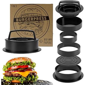 riijk Burger Press with 100 Sheets of Separator Paper 4 Patty Sizes incl. Filled Patties and XXL Burger Pattie Press for Best Hamburgers Hamburger Patty Maker with Recipes