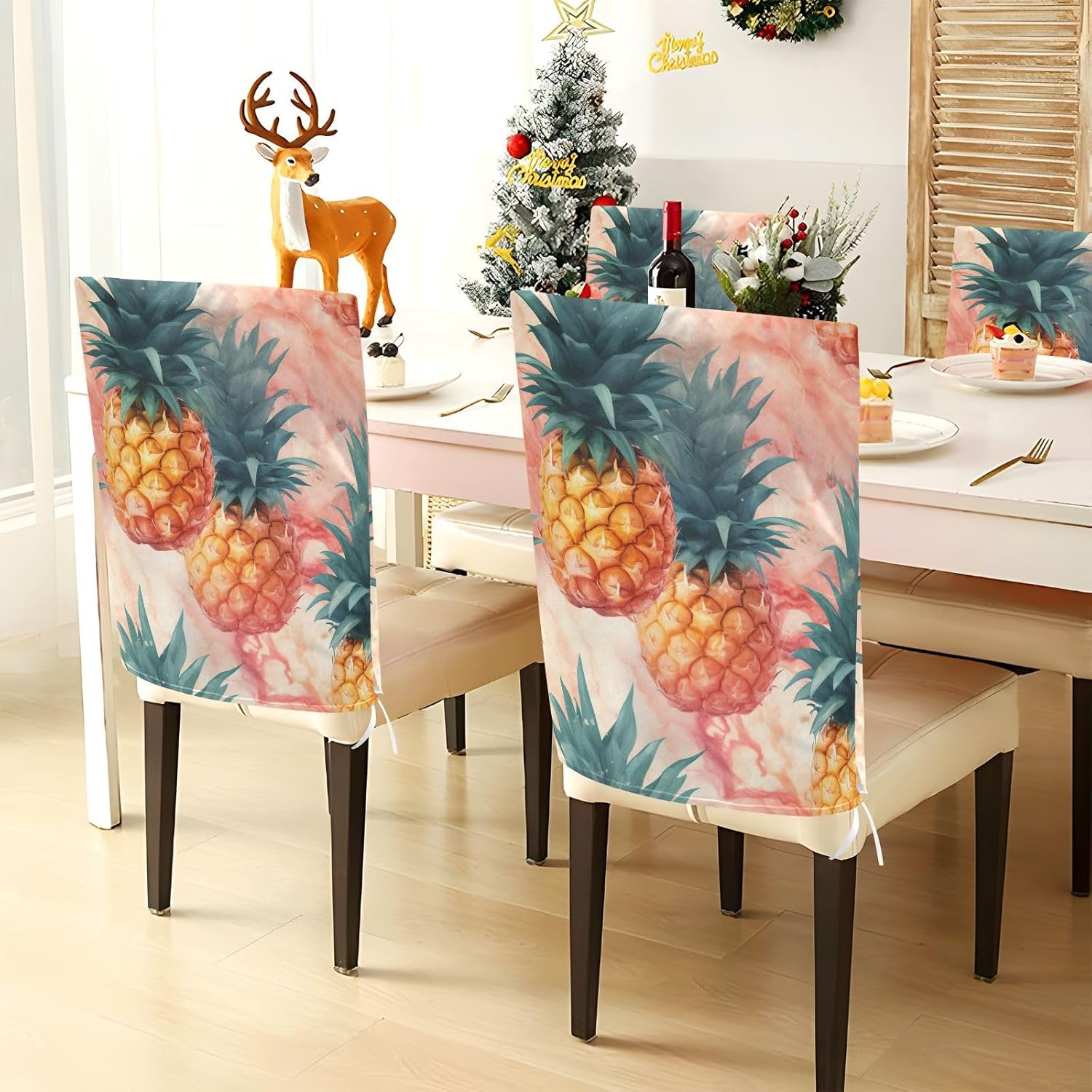 ALAZA Pineapples Pink Marble Chair Back Cover Set of 6, Washable Reusable Removable Chair Slipcovers Decorative Chair Cover for Home Kitchen Wedding Party