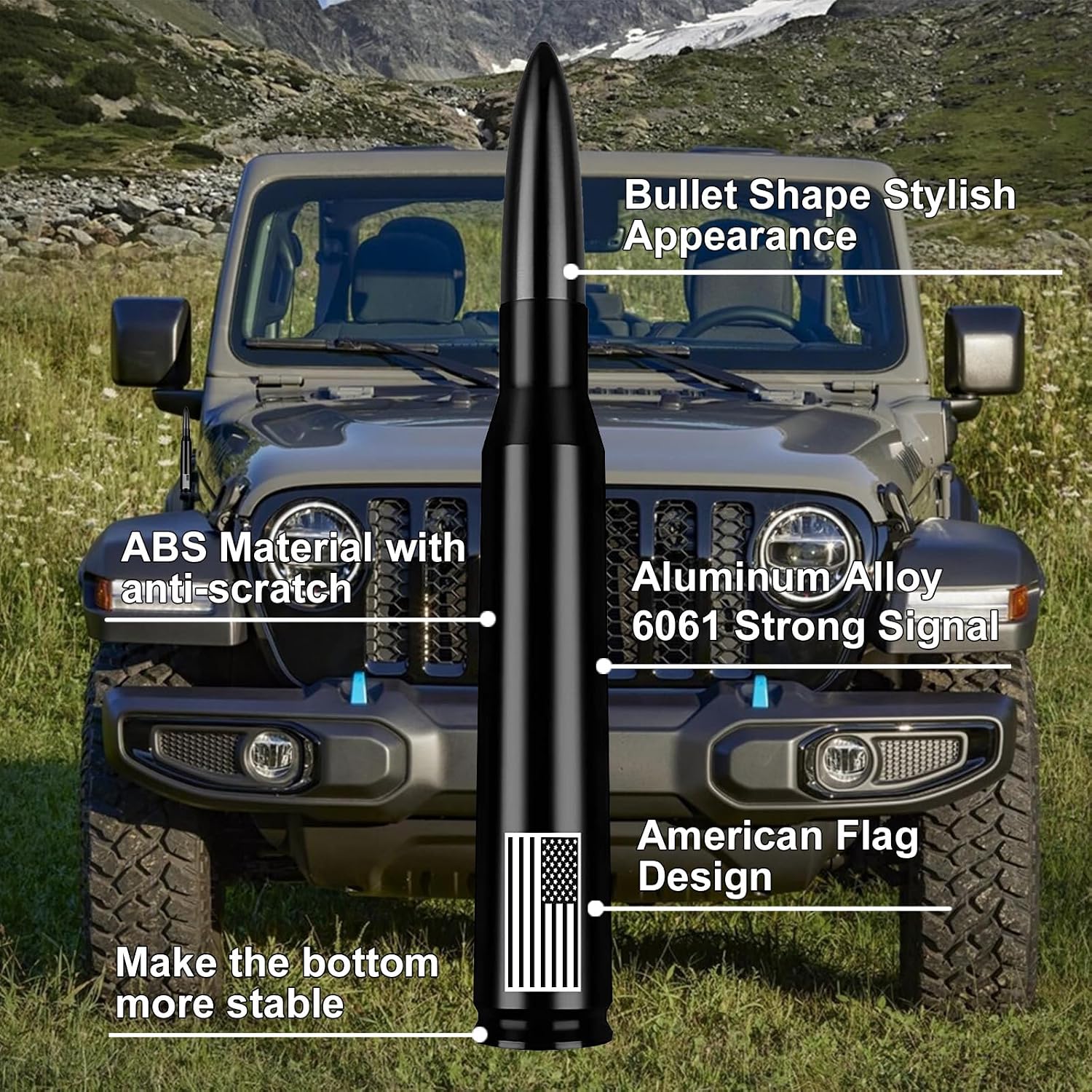 American Flag Car Truck Bullet Antenna Replacement - Anti-Theft Design for Jeep Wrangler Gladiator JL JK JT Rubicon Sahara Unlimited Sport 4xe Willys Mojave 2007-2025 (Black)