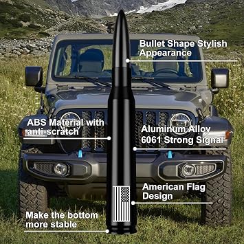 American Flag Car Truck Bullet Antenna Replacement - Anti-Theft Design for Jeep Wrangler Gladiator JL JK JT Rubicon Sahara Unlimited Sport 4xe Willys Mojave 2007-2025 (Black)