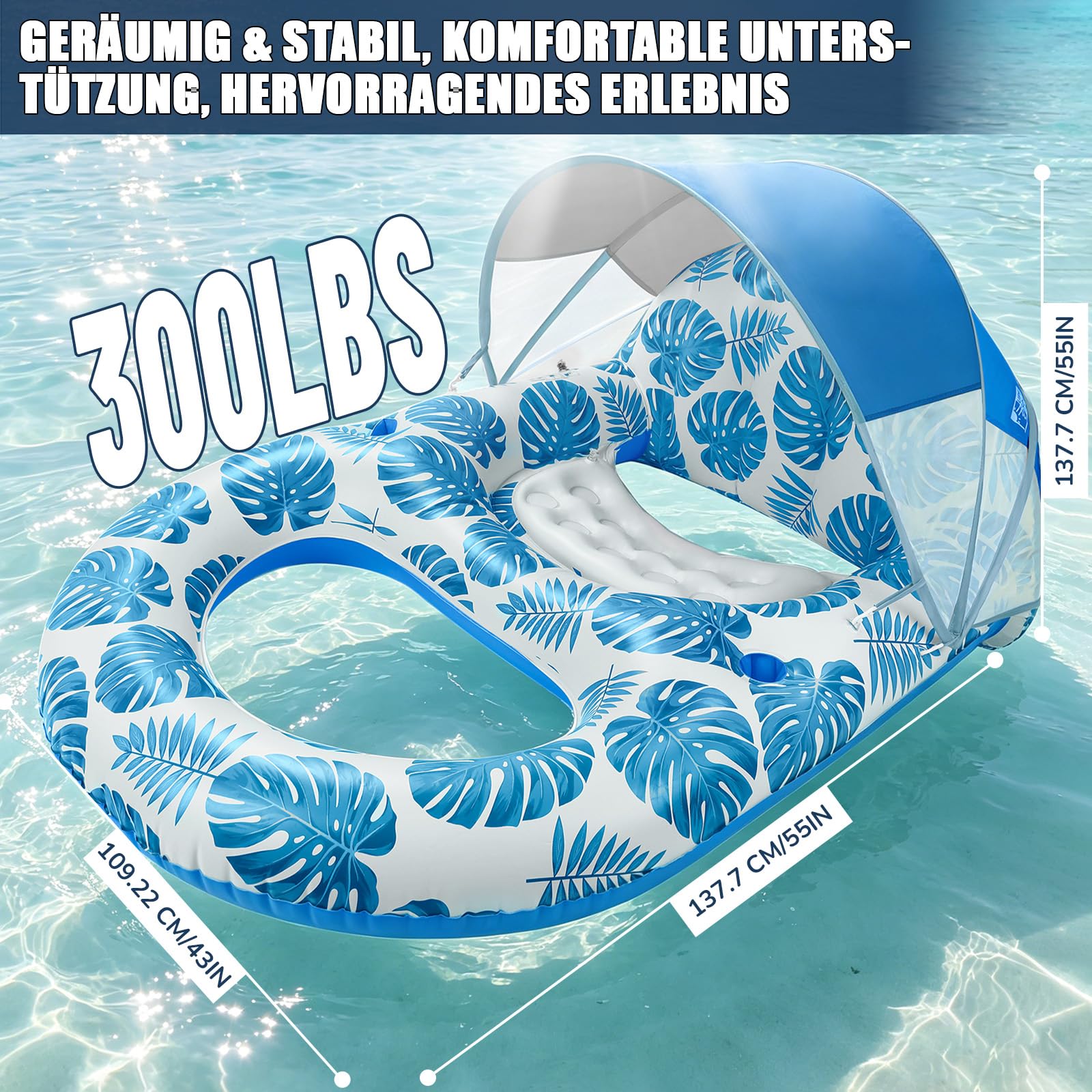 Luftmatratze Pool, Aufblasbares Sonnenpool Wasser Aufblasbarer Sessel Schwimmbad-Flöße Erwachsene mit Verstellbarem Sonnendach, Getränkehaltern und Fußstütze für SommerPool Strand