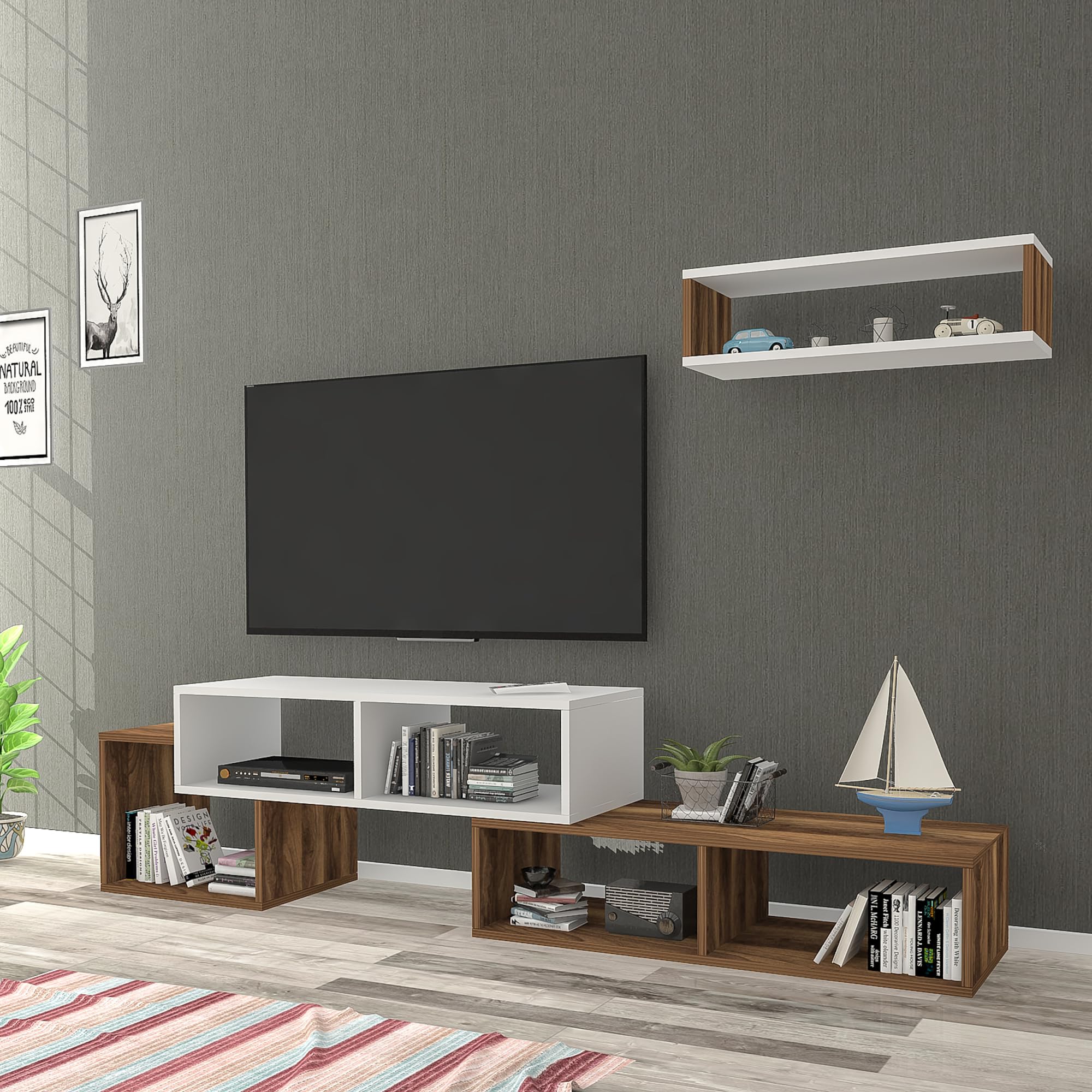 [en.casa] Juego de Muebles de Salón Mesa TV + 1 Estante Cubo de Pared - Mueble TV con 5 Compartimentos y 2 Estantes Laterales Aglomerado 170x30x42 cm - Blanco y Roble Antiguo