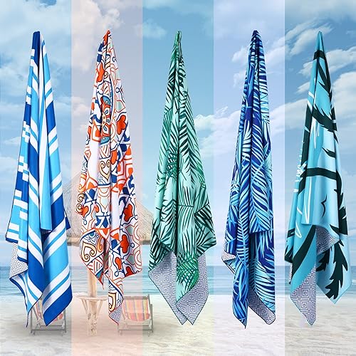 Miniatura 7 de Paquete de 2 toallas de playa de microfibra, toalla de piscina de gran tamaño de 75 x 35 pulgadas, sin arena, secado rápido, manta de baño súper